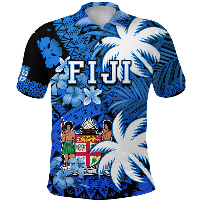 Fiji Coat Of Arms Polo Shirt Masi Tapa Mixed Palm Tree No2 Blue Version LT9 Blue - Polynesian Pride