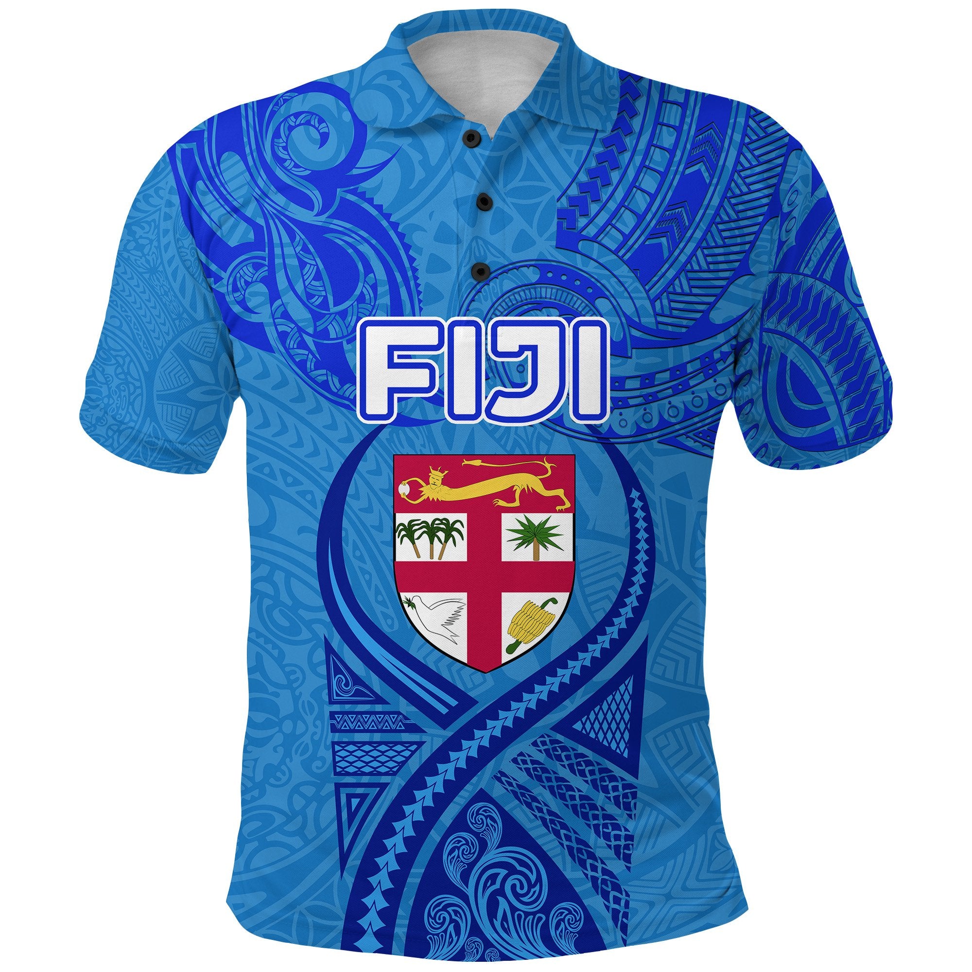 (Custom Text and Number) Blue Polo Shirt Fiji Rugby Polynesian Waves Style Unisex Blue - Polynesian Pride