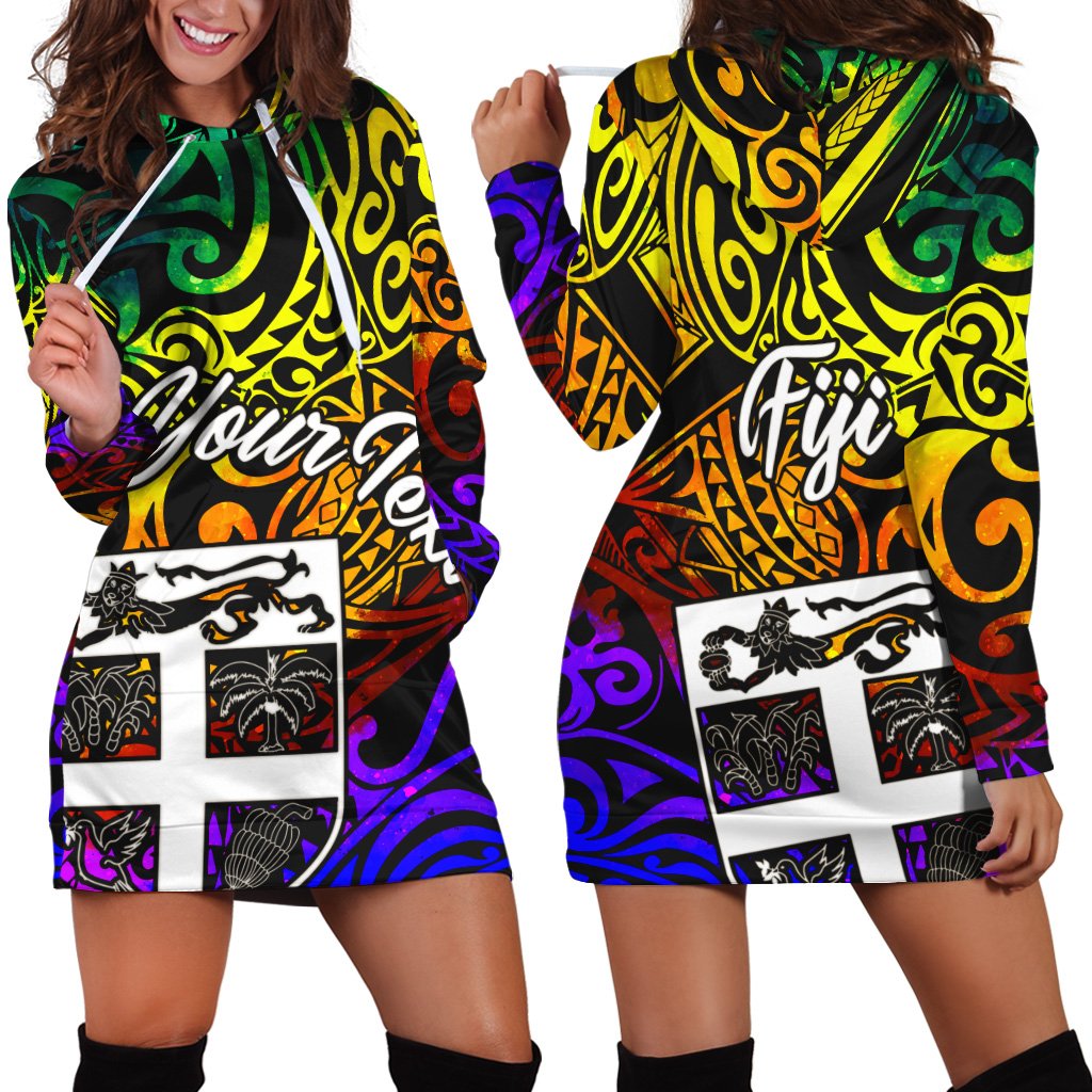 Fiji Custom Personalised Hoodie Dress - Rainbow Polynesian Pattern Rainbow - Polynesian Pride
