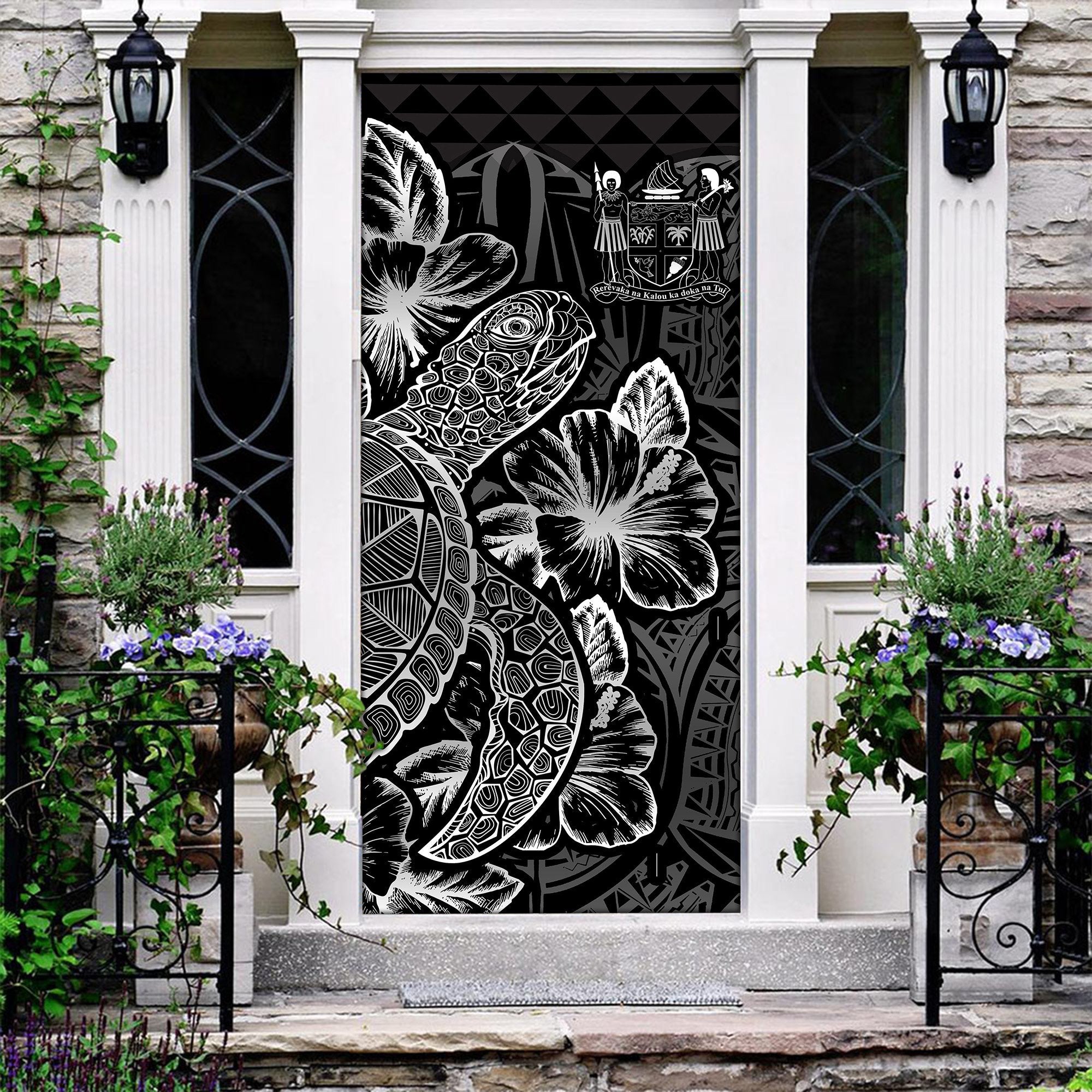 Fiji Door Cover Turtle Hibiscus Black - Polynesian Pride