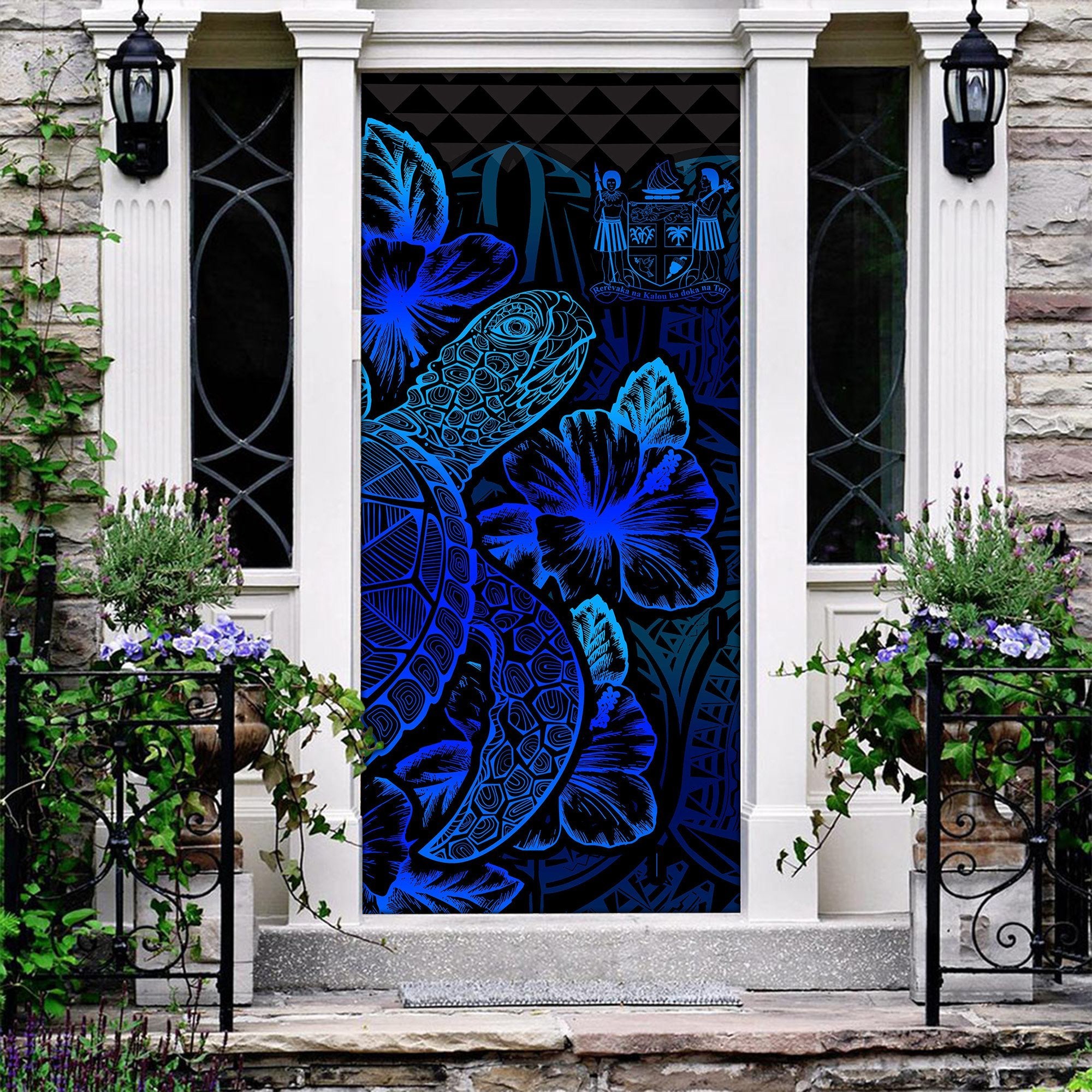 Fiji Door Cover Turtle Hibiscus Blue - Polynesian Pride