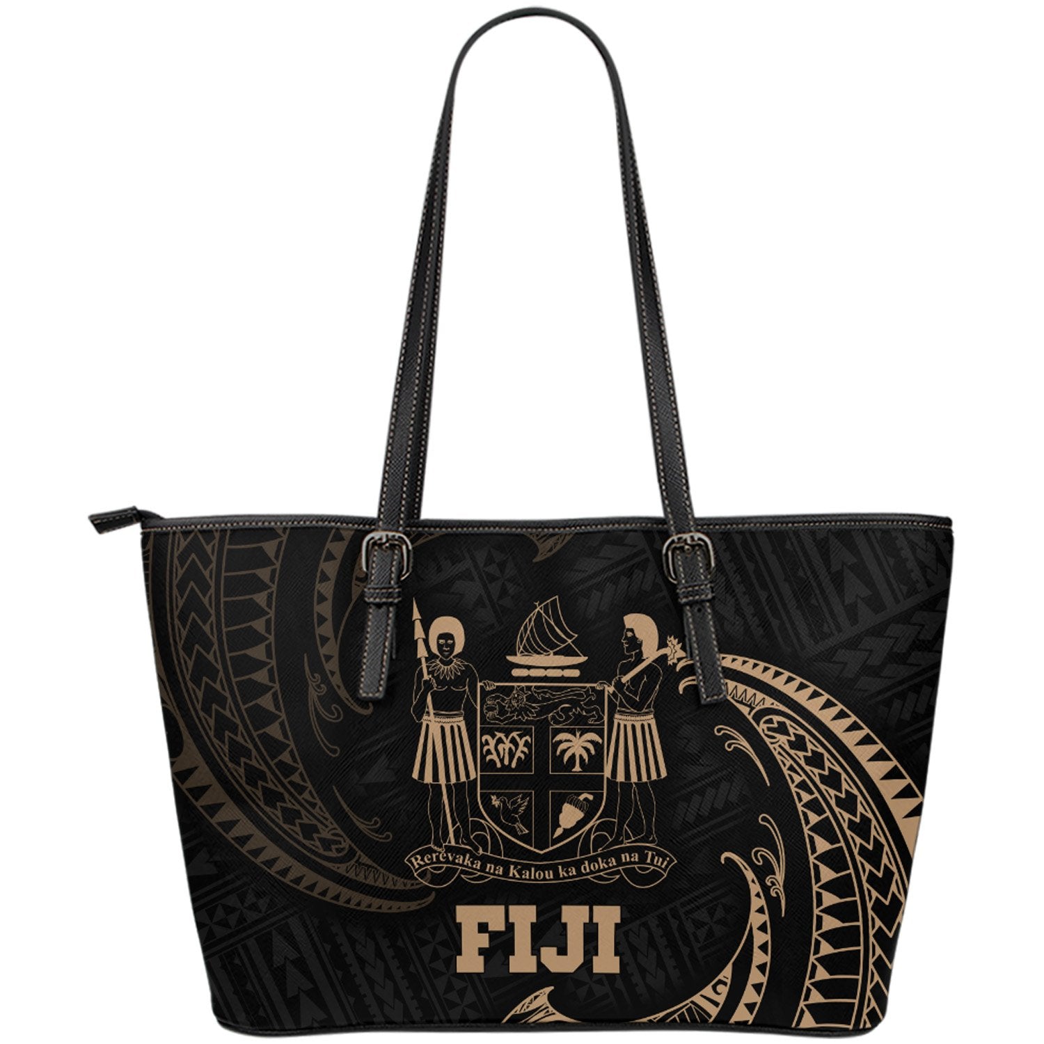 Fiji Polynesian Leather Tote Bag - Gold Tribal Wave Black - Polynesian Pride