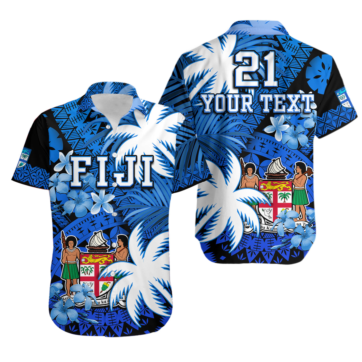 (Custom Personalised) Fiji Coat Of Arms Hawaiian Shirt Masi Tapa Mixed Palm Tree No2 Blue Version LT9 Unisex Blue - Polynesian Pride