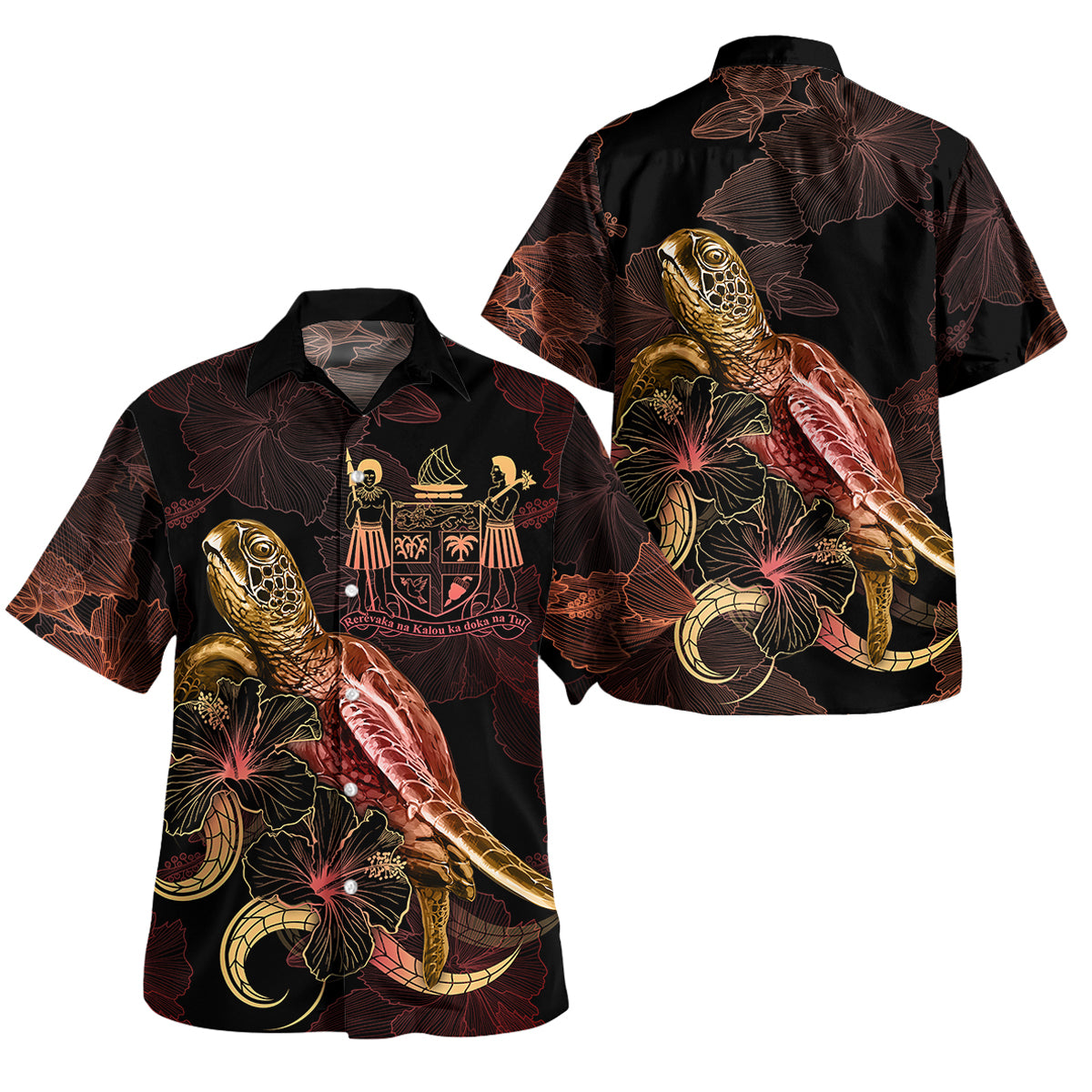 FiJi Short Sleeve Shirt - Custom FiJi Pride With Polynesian Turtle Blooming Hibiscus Gold Unisex Gold - Polynesian Pride