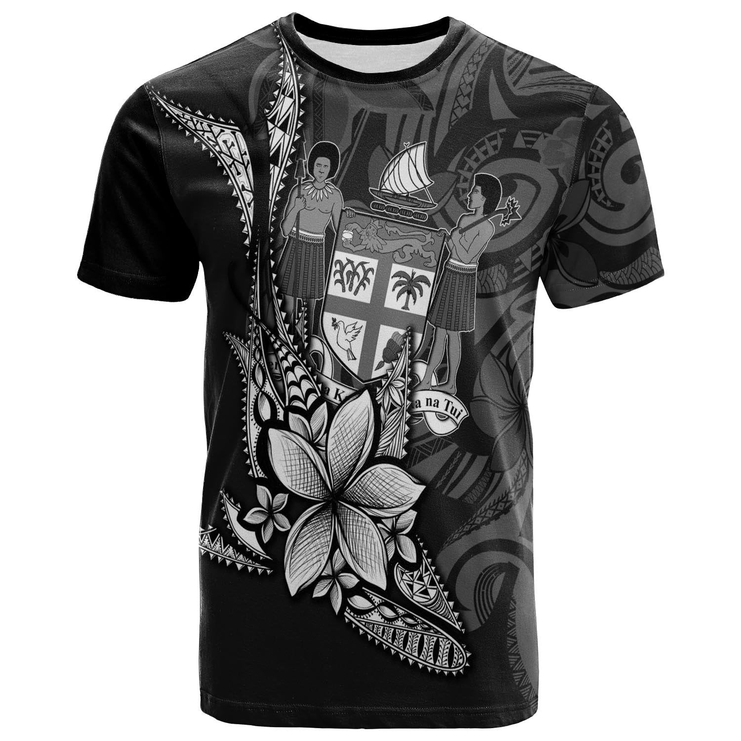 Fiji T Shirt Fish With Plumeria Flowers Style Unisex Black - Polynesian Pride