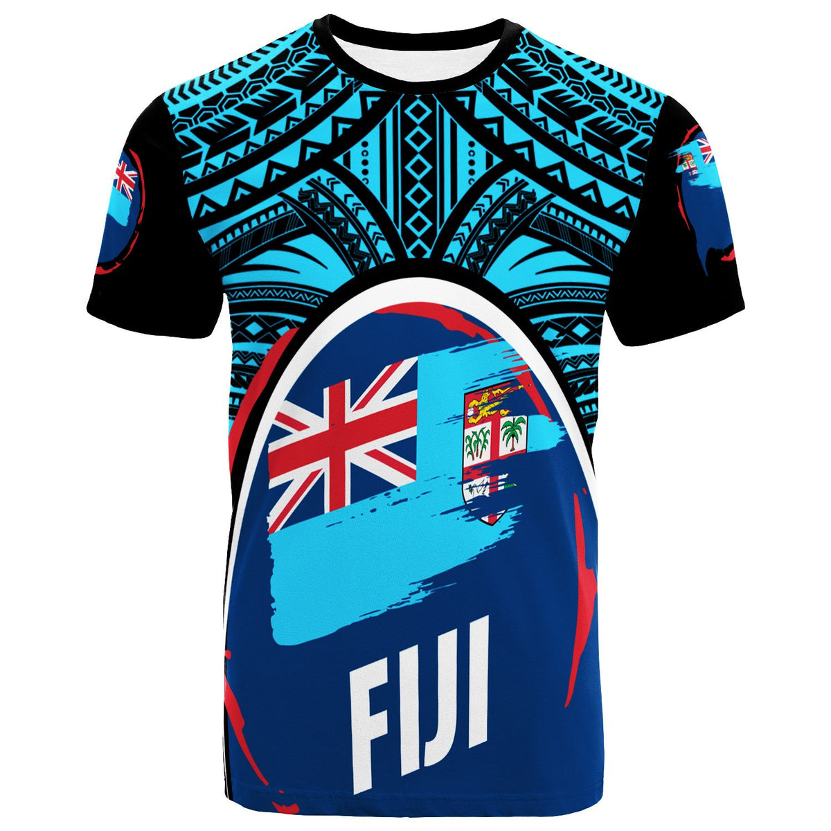 Fiji T Shirt Polynesian Pattern With Flag Blue - Polynesian Pride