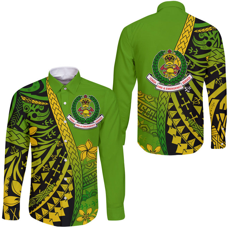 Tonga Fire And Emergency Services Hawaii Long Sleeve Button Shirt Polynesian Minimalist Style LT9 Unisex Green - Polynesian Pride