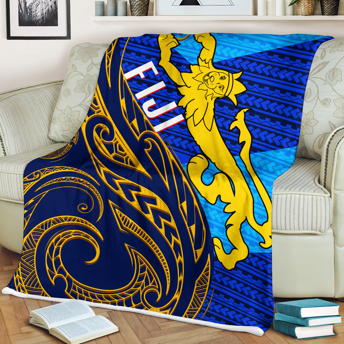 Fiji Premium Blanket - Flag's Color With Gold Polynesian Pattern - LT20 White - Polynesian Pride