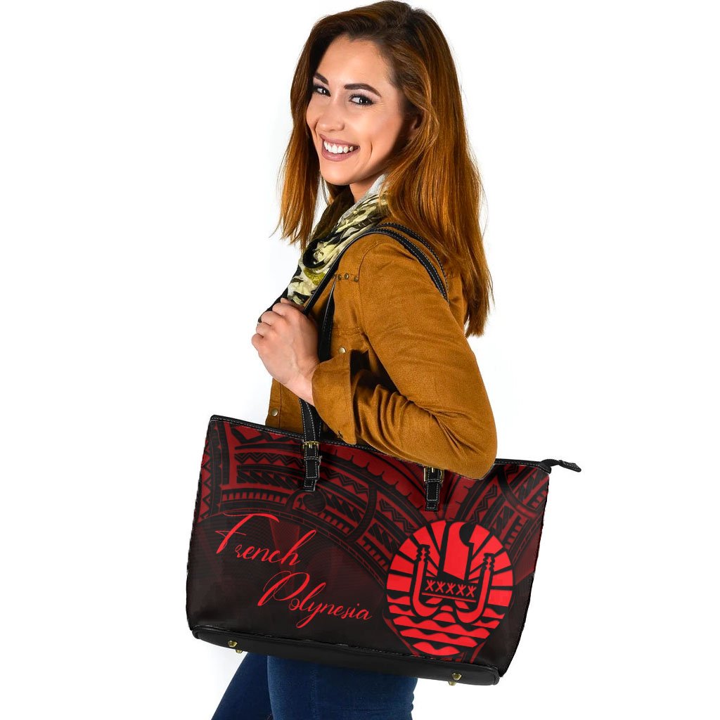 French Polynesia Leather Tote - Red Color Cross Style Black - Polynesian Pride