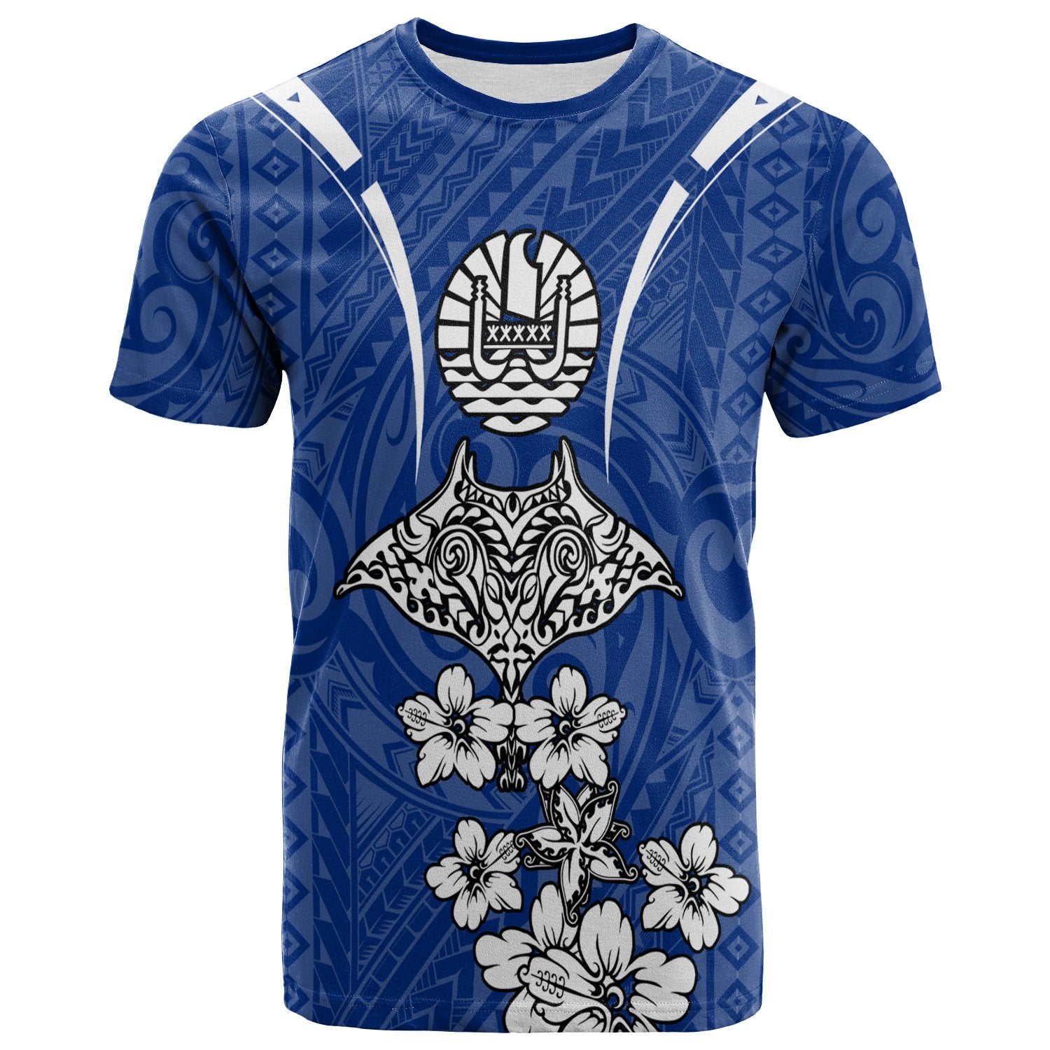 French Polynesia T Shirt Ray Hibiscus Unisex Blue - Polynesian Pride