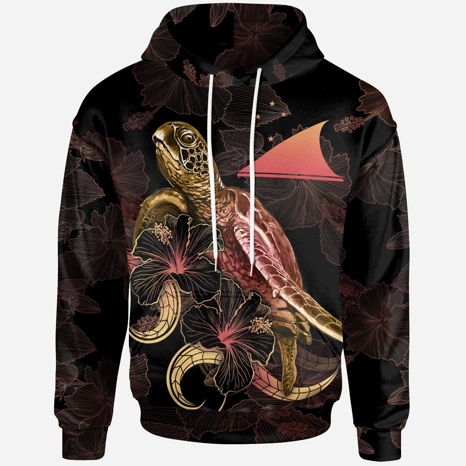 Tokelau Polynesian Hoodie Turtle With Blooming Hibiscus Gold Unisex Gold - Polynesian Pride