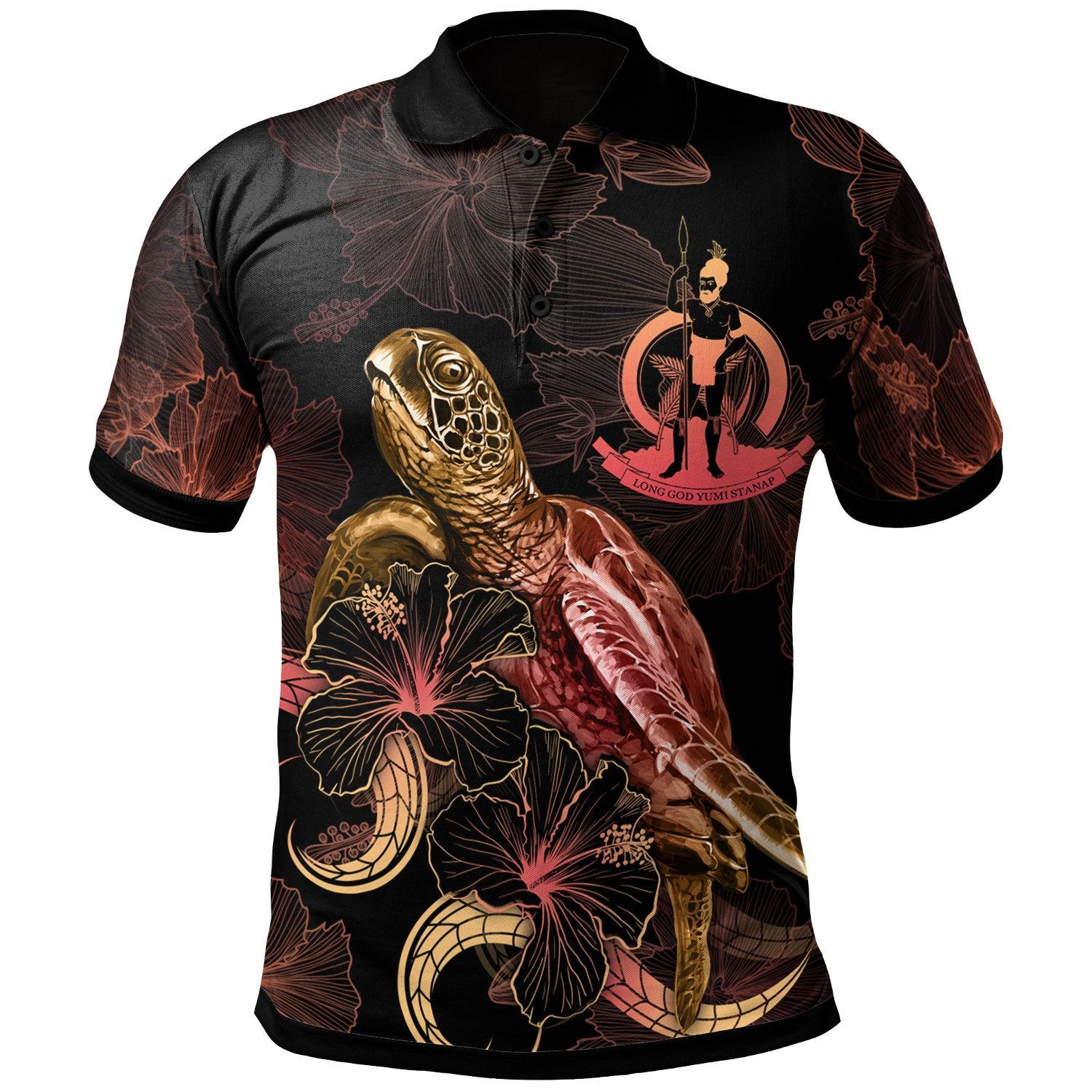 Vanuatu Polynesian Polo Shirt Turtle With Blooming Hibiscus Gold Unisex Gold - Polynesian Pride