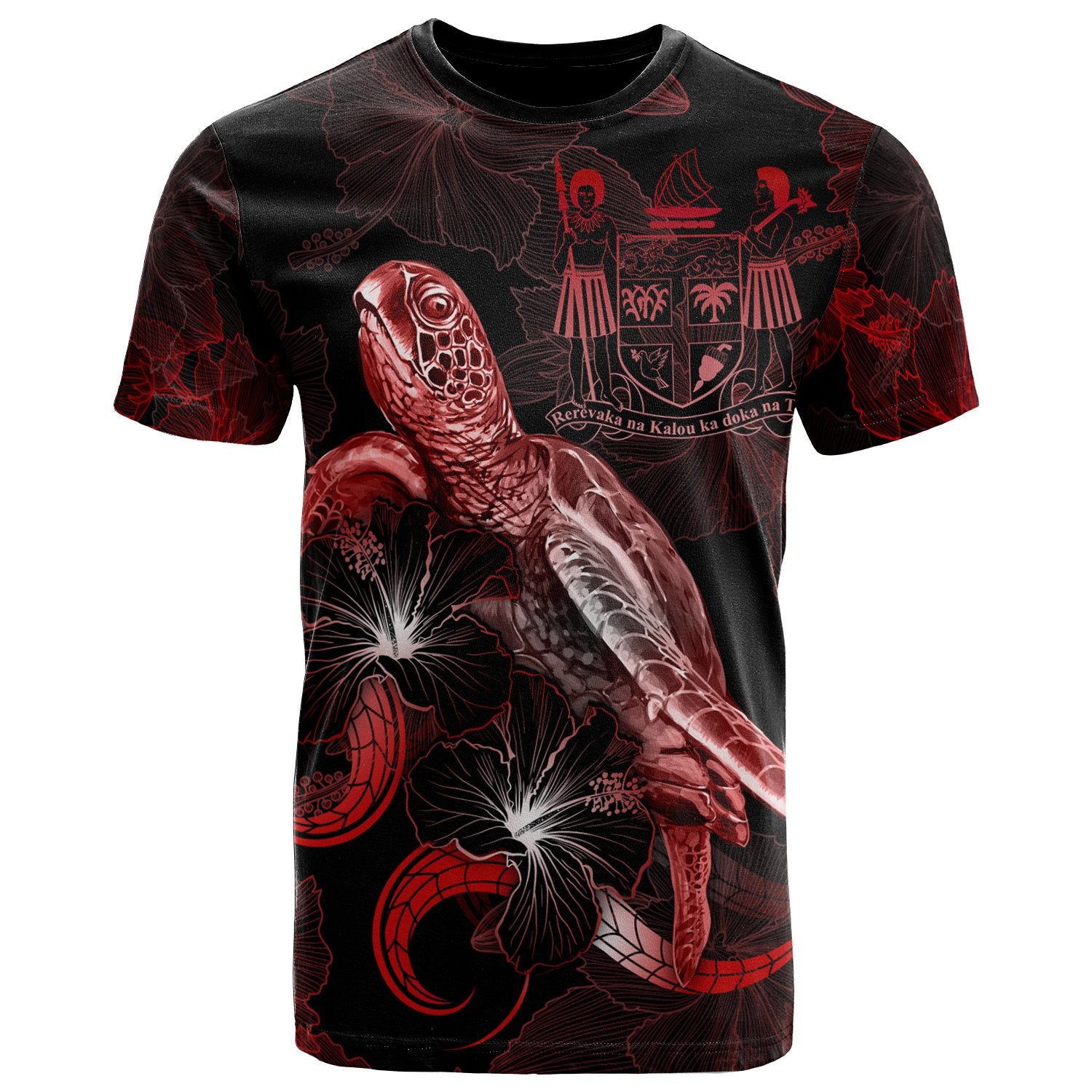 Fiji Polynesian T Shirt Turtle With Blooming Hibiscus Red Unisex Red - Polynesian Pride