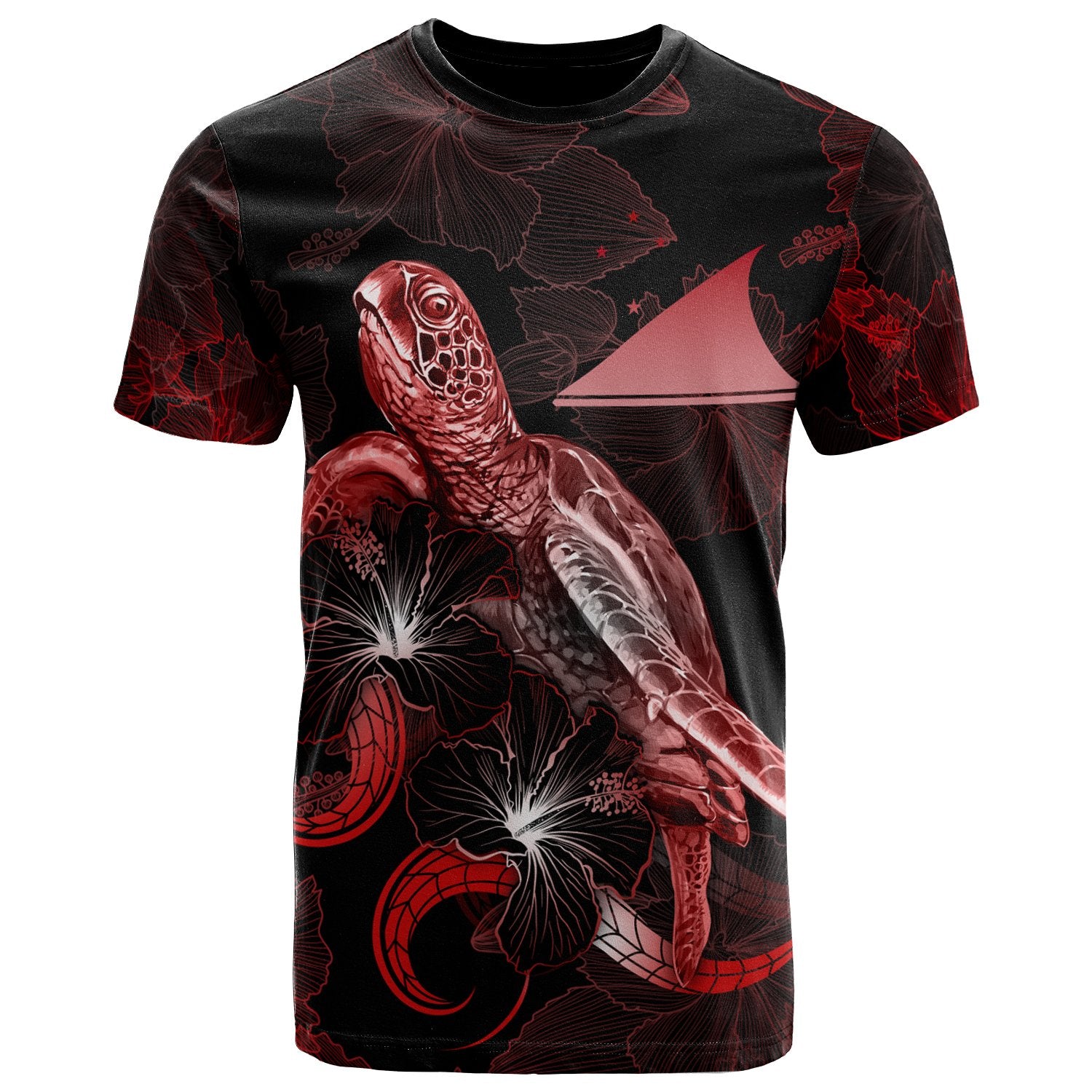 Tokelau Polynesian T Shirt Turtle With Blooming Hibiscus Red Unisex Red - Polynesian Pride