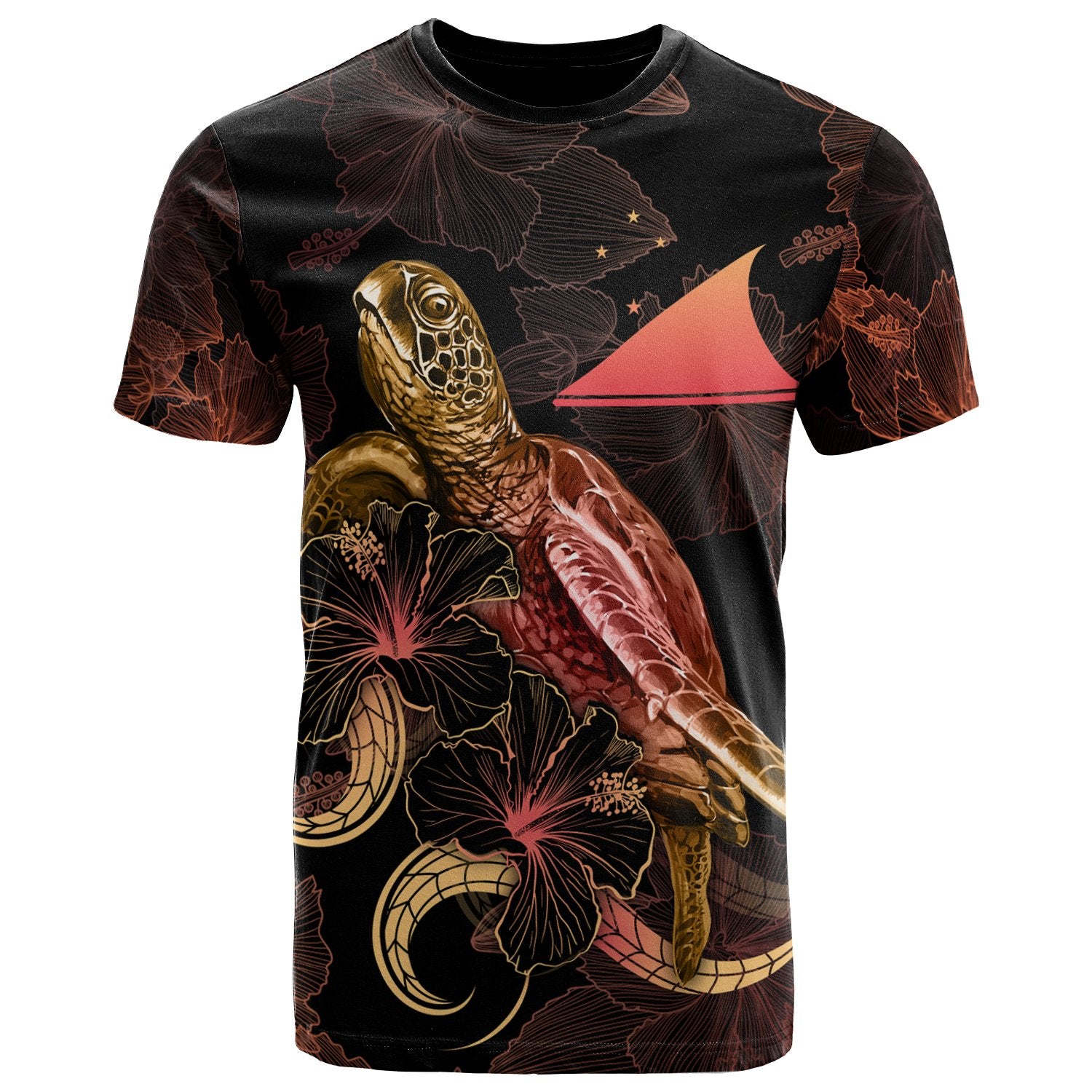 Tokelau Polynesian T Shirt Turtle With Blooming Hibiscus Gold Unisex Art - Polynesian Pride