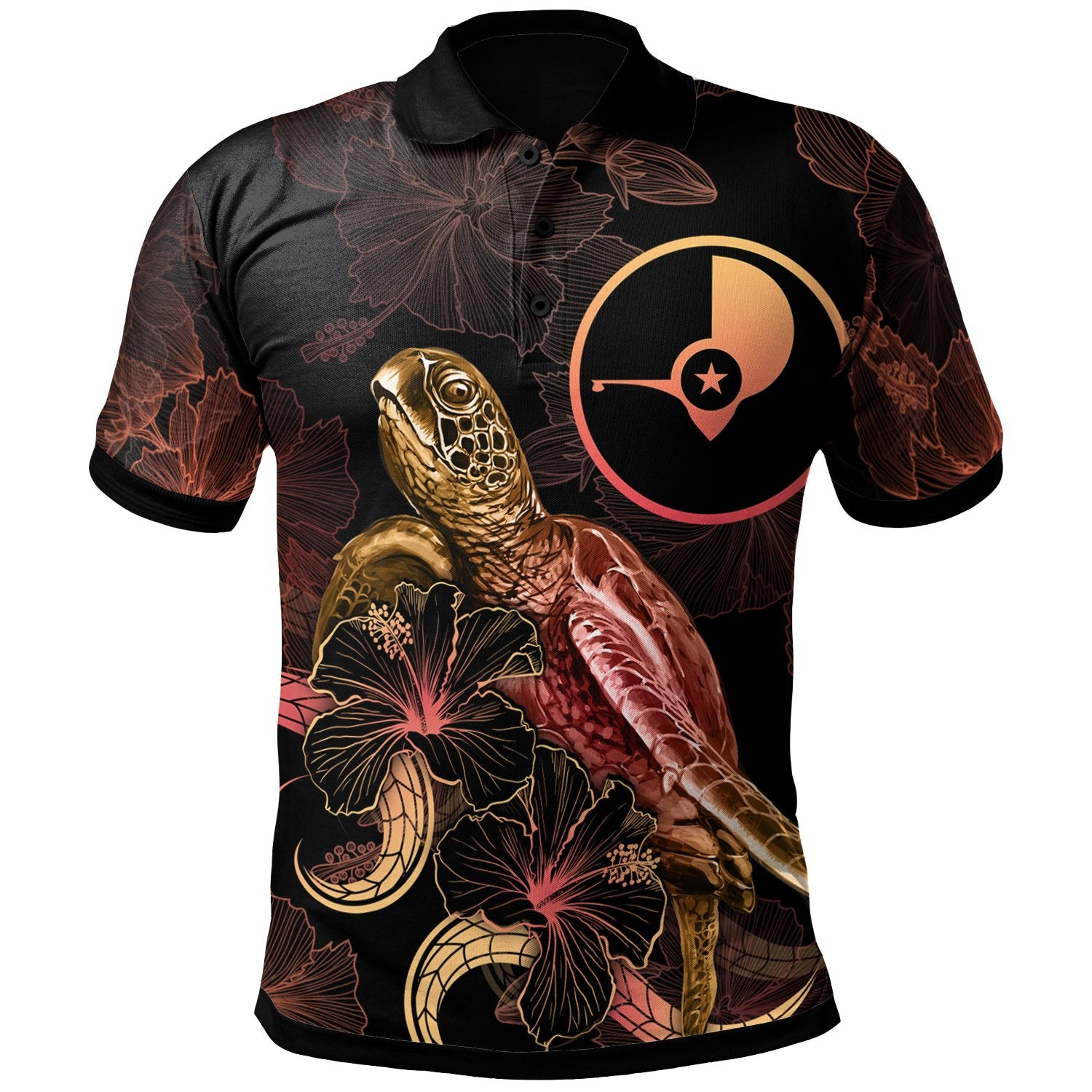 Yap Polynesian Polo Shirt Turtle With Blooming Hibiscus Gold Unisex Gold - Polynesian Pride