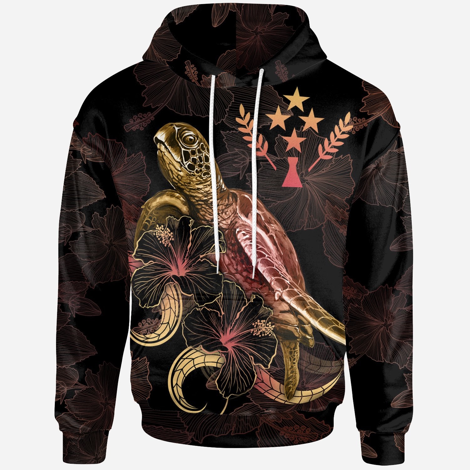 Kosrae Polynesian Hoodie Turtle With Blooming Hibiscus Gold Unisex Gold - Polynesian Pride