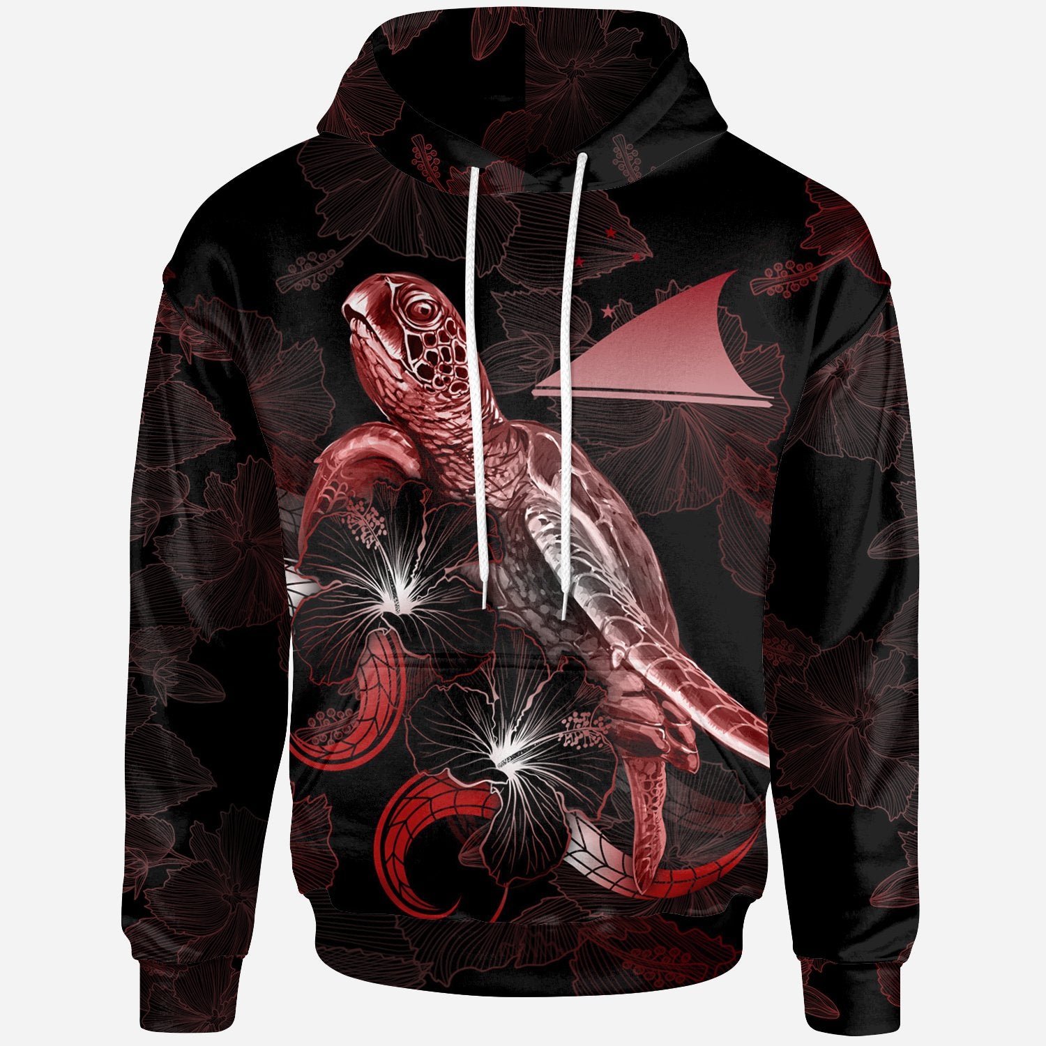 Tokelau Polynesian Hoodie Turtle With Blooming Hibiscus Red Unisex Red - Polynesian Pride