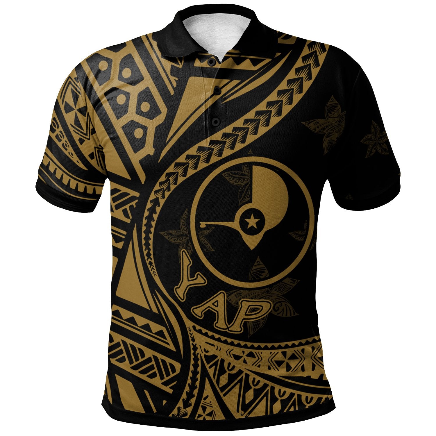 Yap Polo Shirt Plumeria Flowers Gold Version Unisex Black - Polynesian Pride