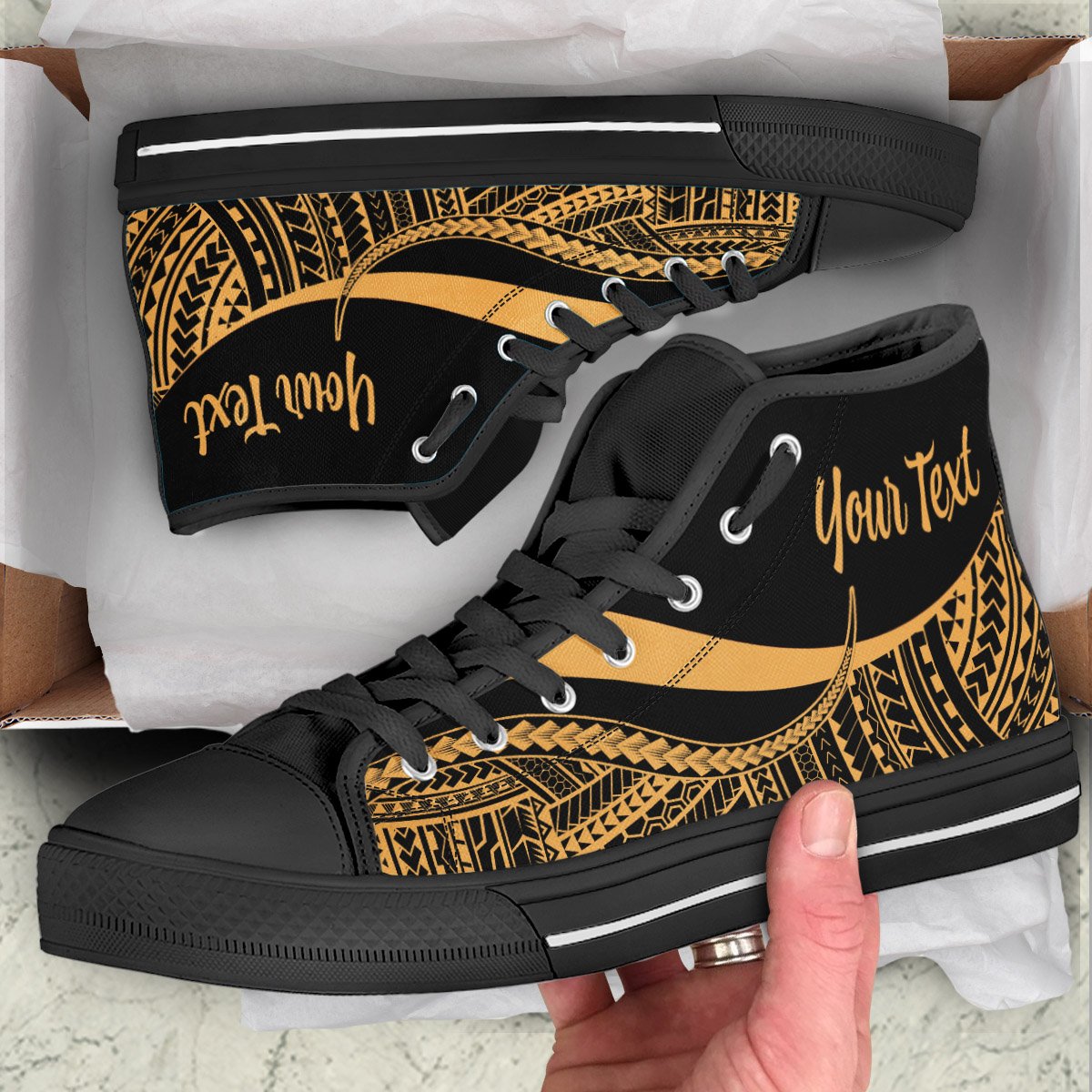 Fiji Custom Personalised High Top Shoes Gold - Polynesian Tentacle Tribal Pattern Crest Kid's High Top Shoe - Black Sole - Polynesian Pride
