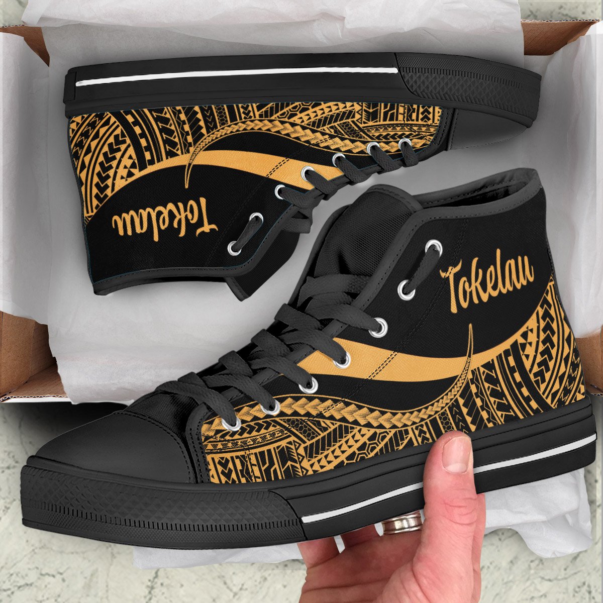 Tokelau High Top Shoes Gold - Polynesian Tentacle Tribal Pattern Unisex Black - Polynesian Pride