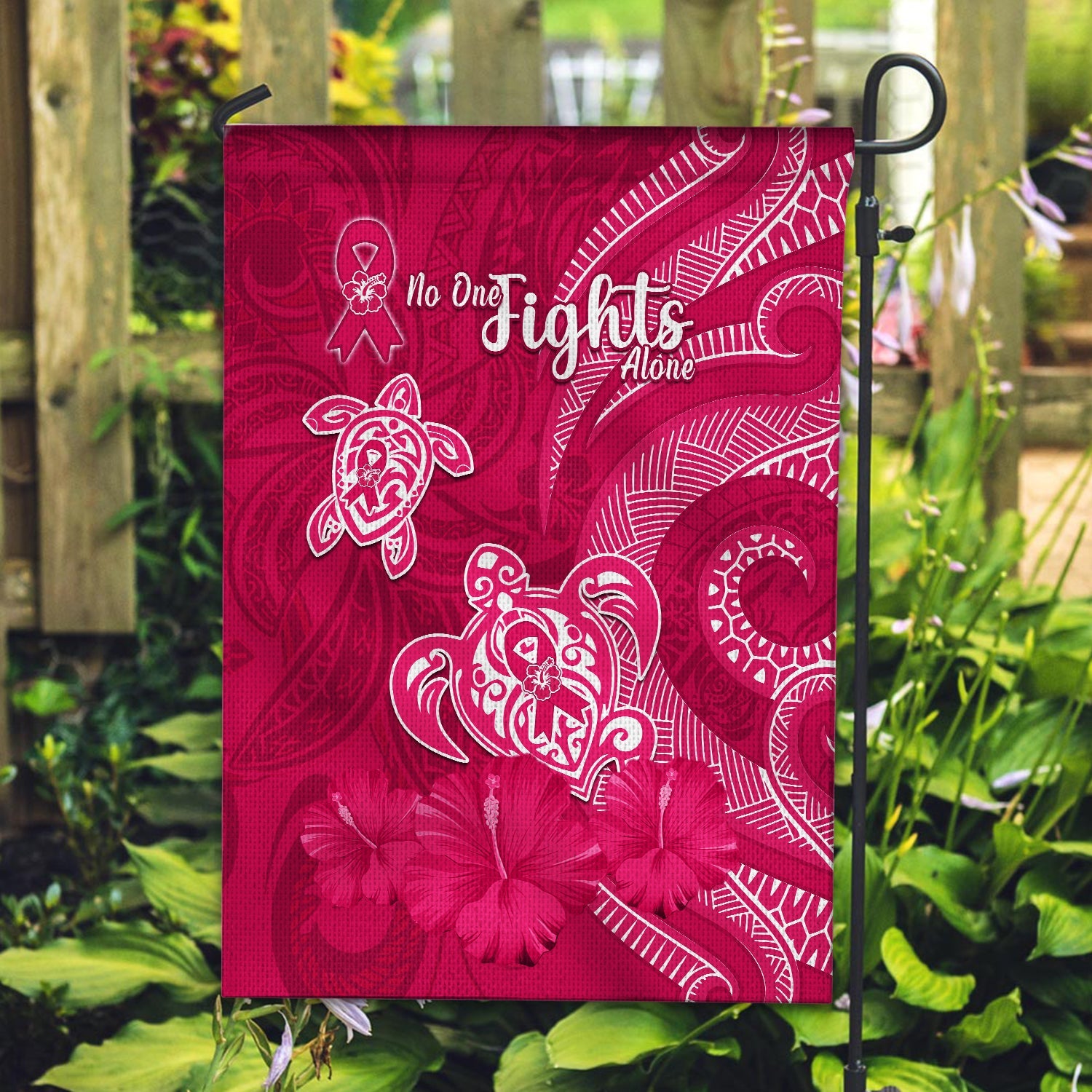 Breast Cancer Awareness Flag Hibiscus Polynesian No One Fights Alone LT13 House Flag - Polynesian Pride