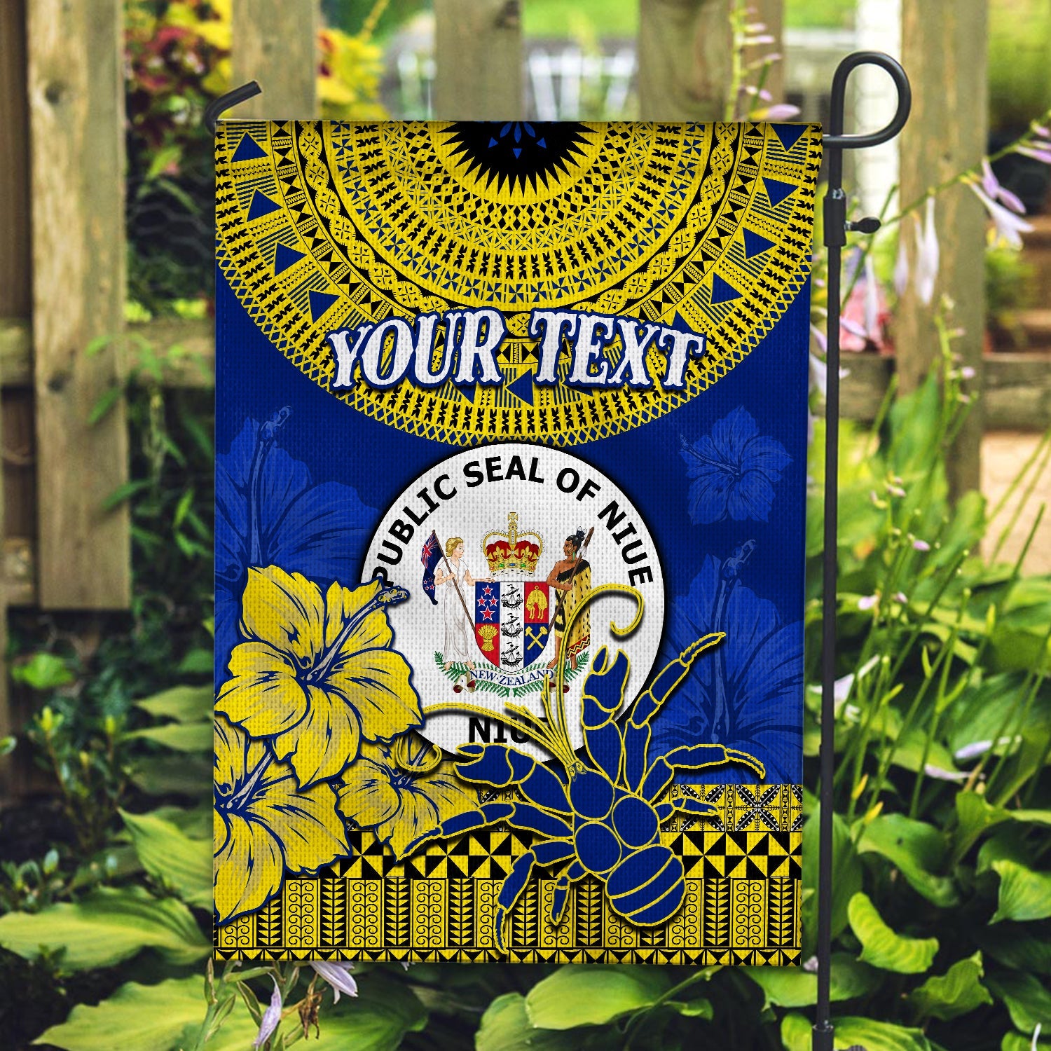 (Custom Personalised) Niue Hiapo Flag Rock of Polynesia Tapa Niuean Crab Happy Day LT13 House Flag - Polynesian Pride