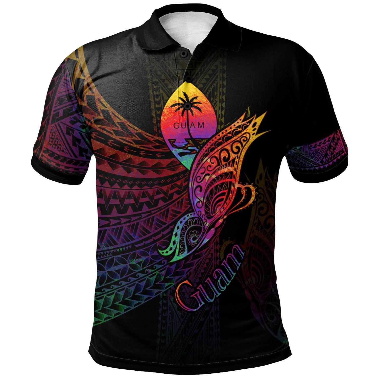 Guam Polo Shirt Butterfly Polynesian Style Unisex Black - Polynesian Pride