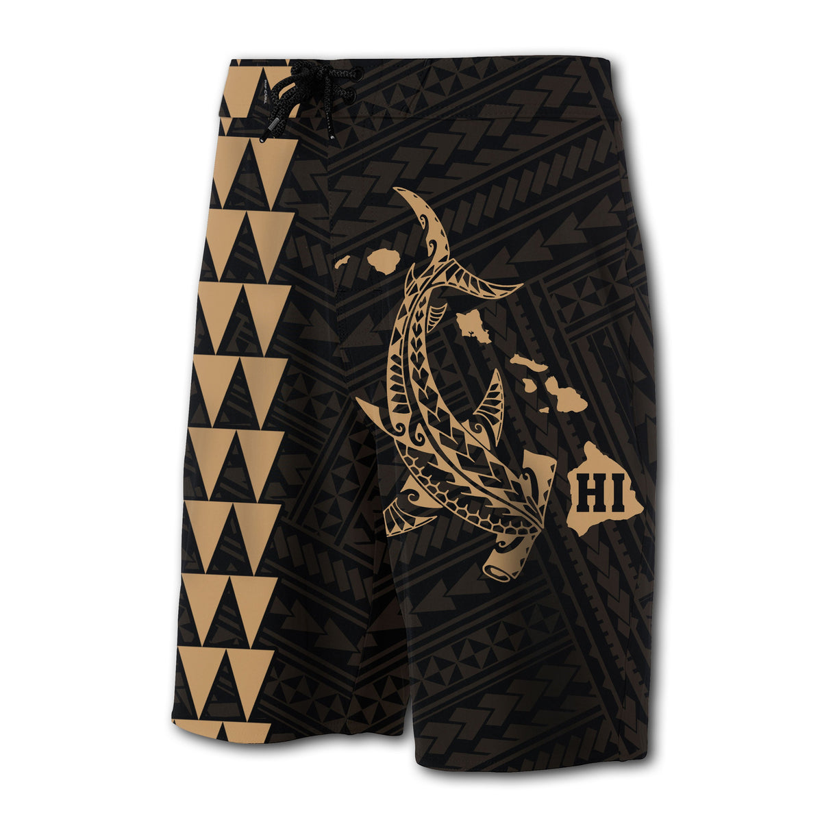 Hawaii Kakau Polynesian Hammerhead Shark Board Shorts - Gold - Polynesian Pride