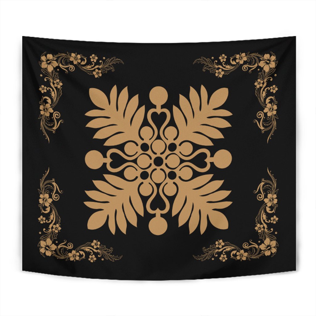 Hawaiian Quilt Maui Plant And Hibiscus Tappestry - Gold Black - AH Wall Tapestry Gold - Polynesian Pride