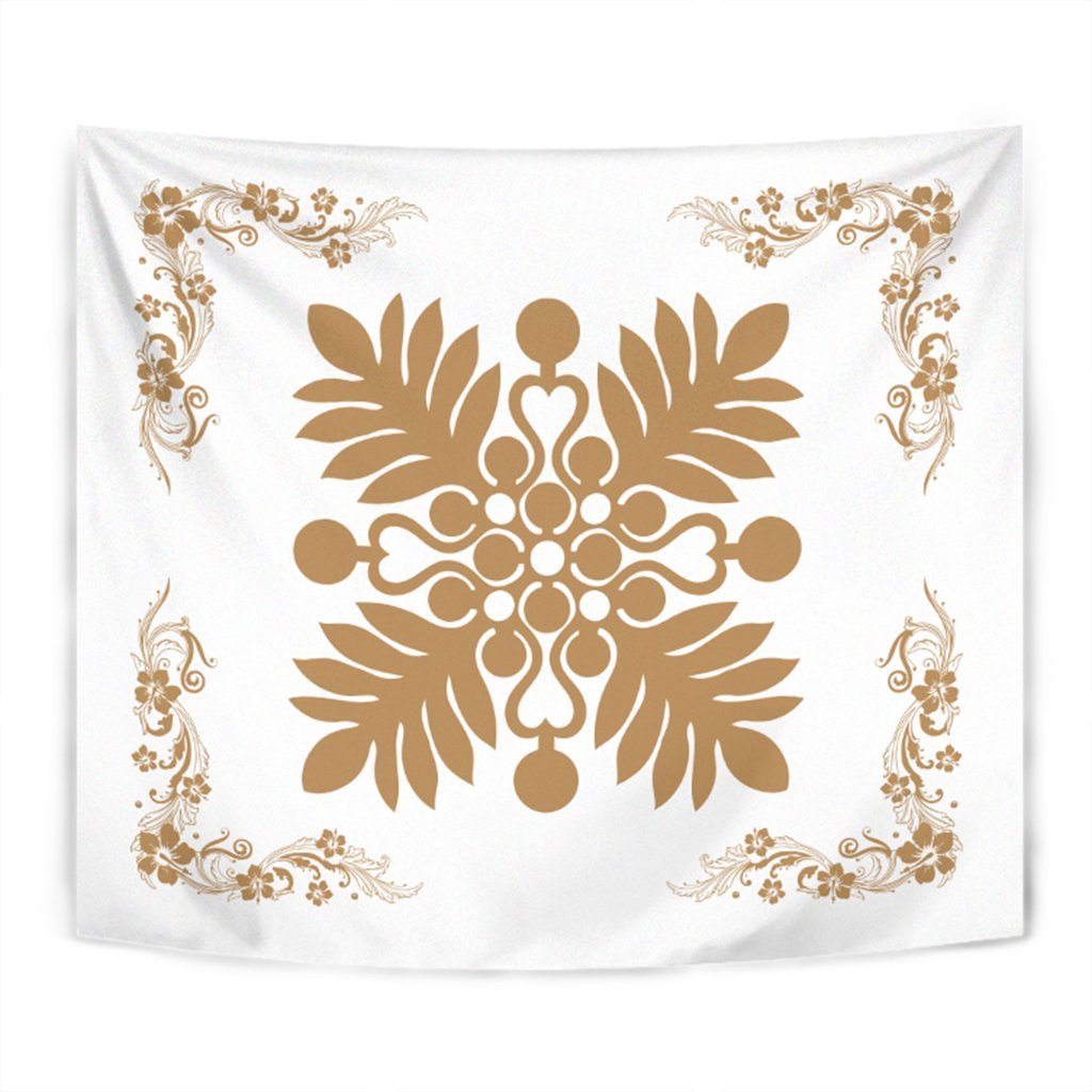 Hawaiian Quilt Maui Plant And Hibiscus Tappestry - Gold White - AH Wall Tapestry Gold - Polynesian Pride