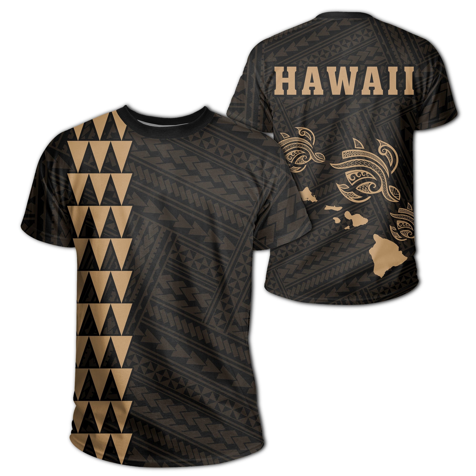 Hawaii Kakau Three Turtles T Shirt Gold Unisex Gold - Polynesian Pride