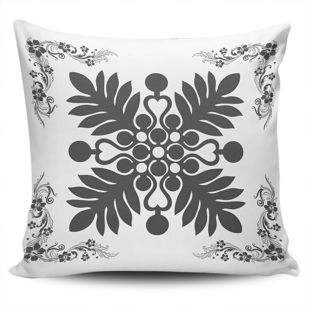 Hawaiian Quilt Maui Plant And Hibiscus Pattern Pillow Covers - Gray White - AH One Size Gray - Polynesian Pride