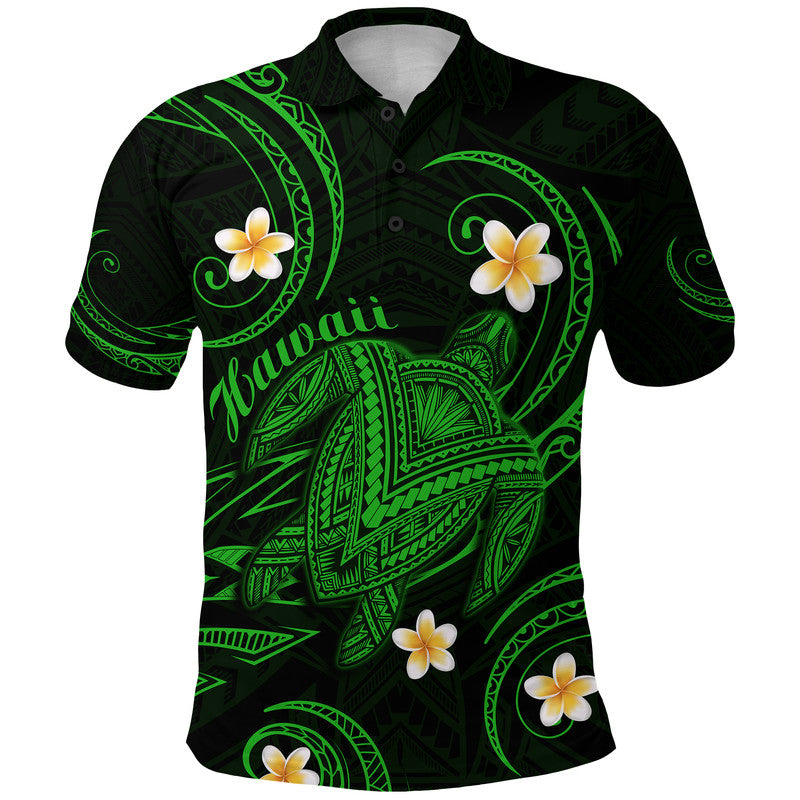 Hawaii Polo Shirt Hawaiian Turtle Plumeria Mixed Polynesian Green Style LT9 Adult Green - Polynesian Pride
