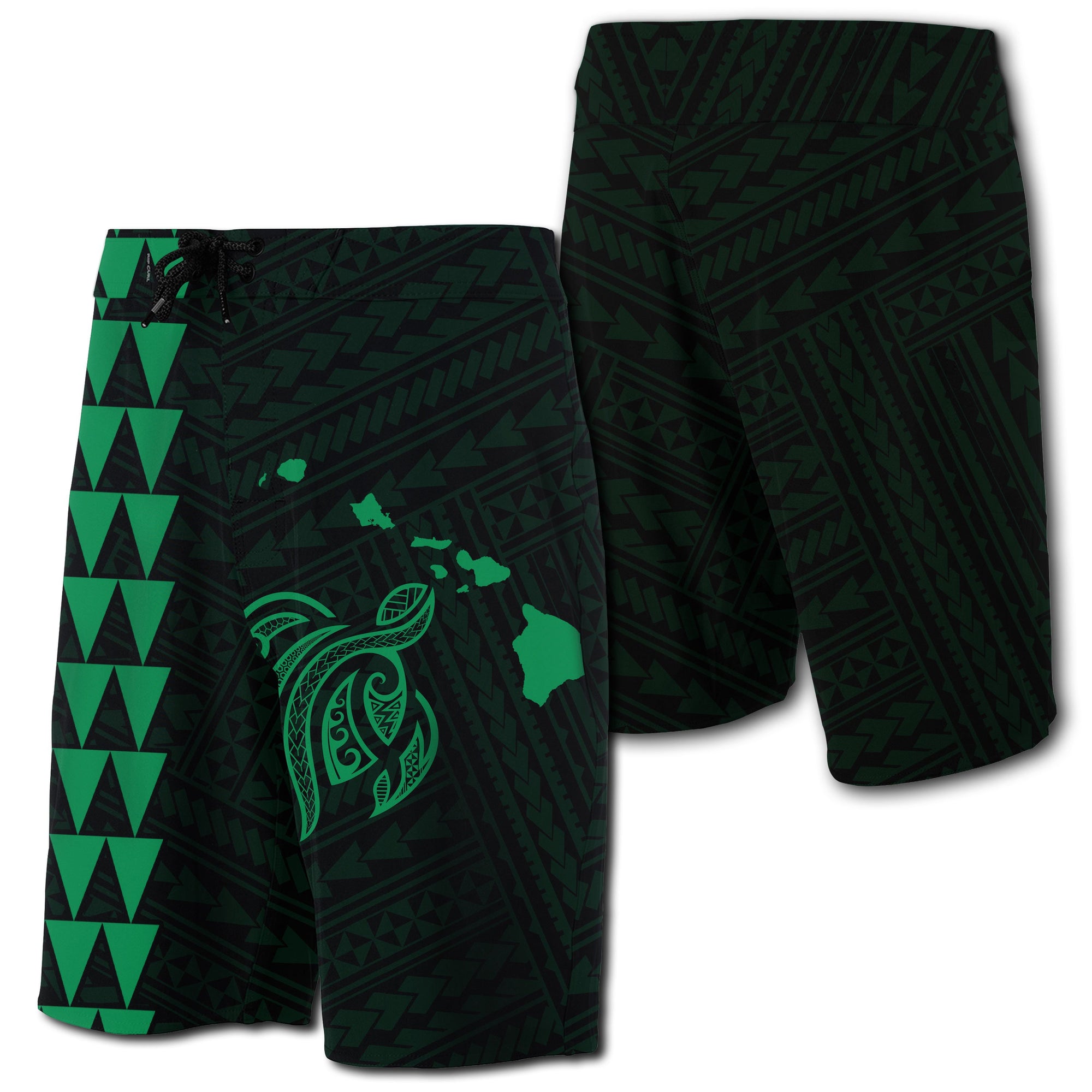 Hawaii Kakau Polynesian Turtle Map Board Shorts - Green Men Green - Polynesian Pride