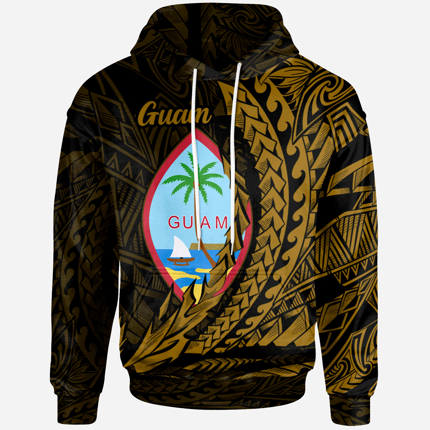 Guam Hoodie Wings Style Gold Version Unisex Black - Polynesian Pride