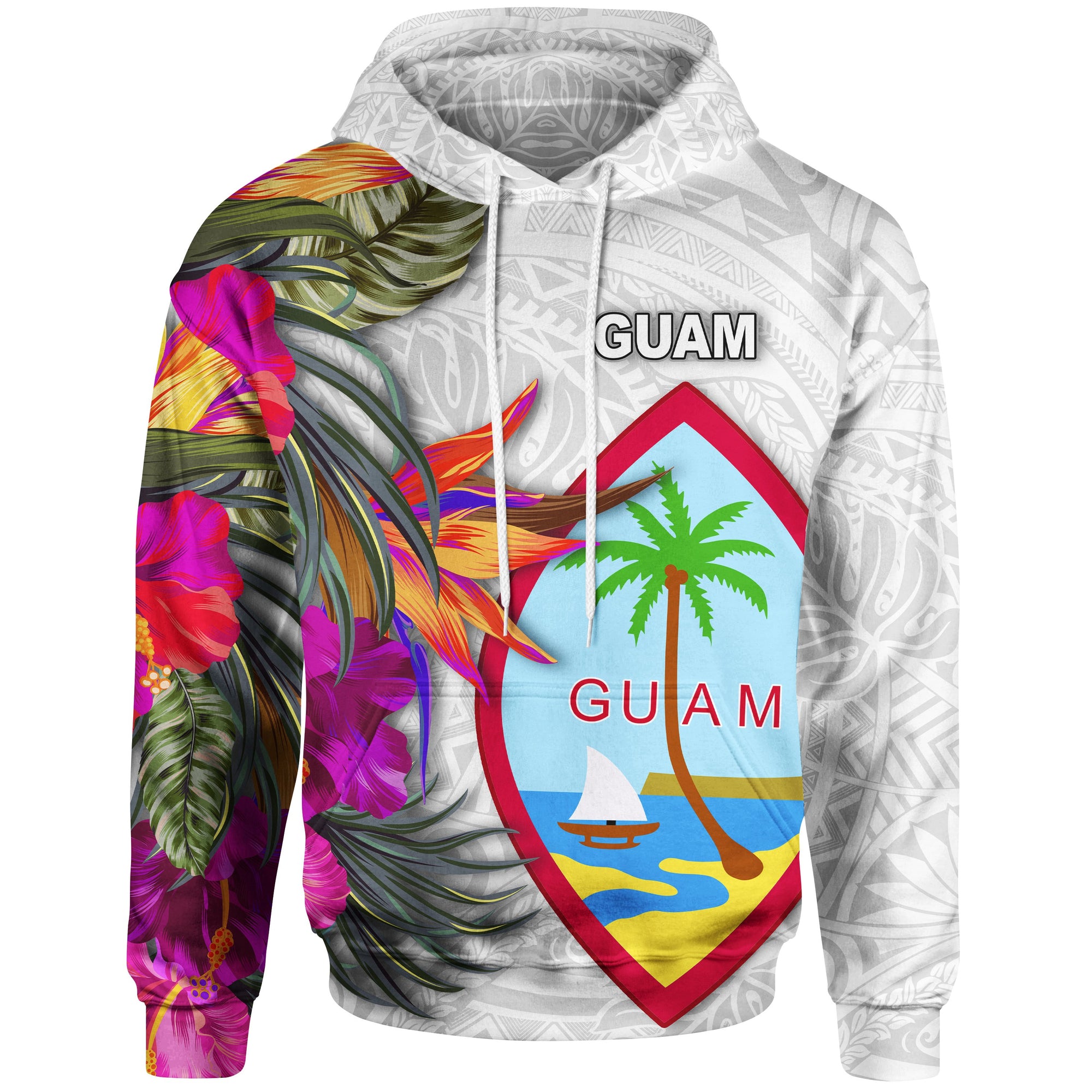 Guam Hoodie Hibiscus Polynesian White pattern Unisex White - Polynesian Pride