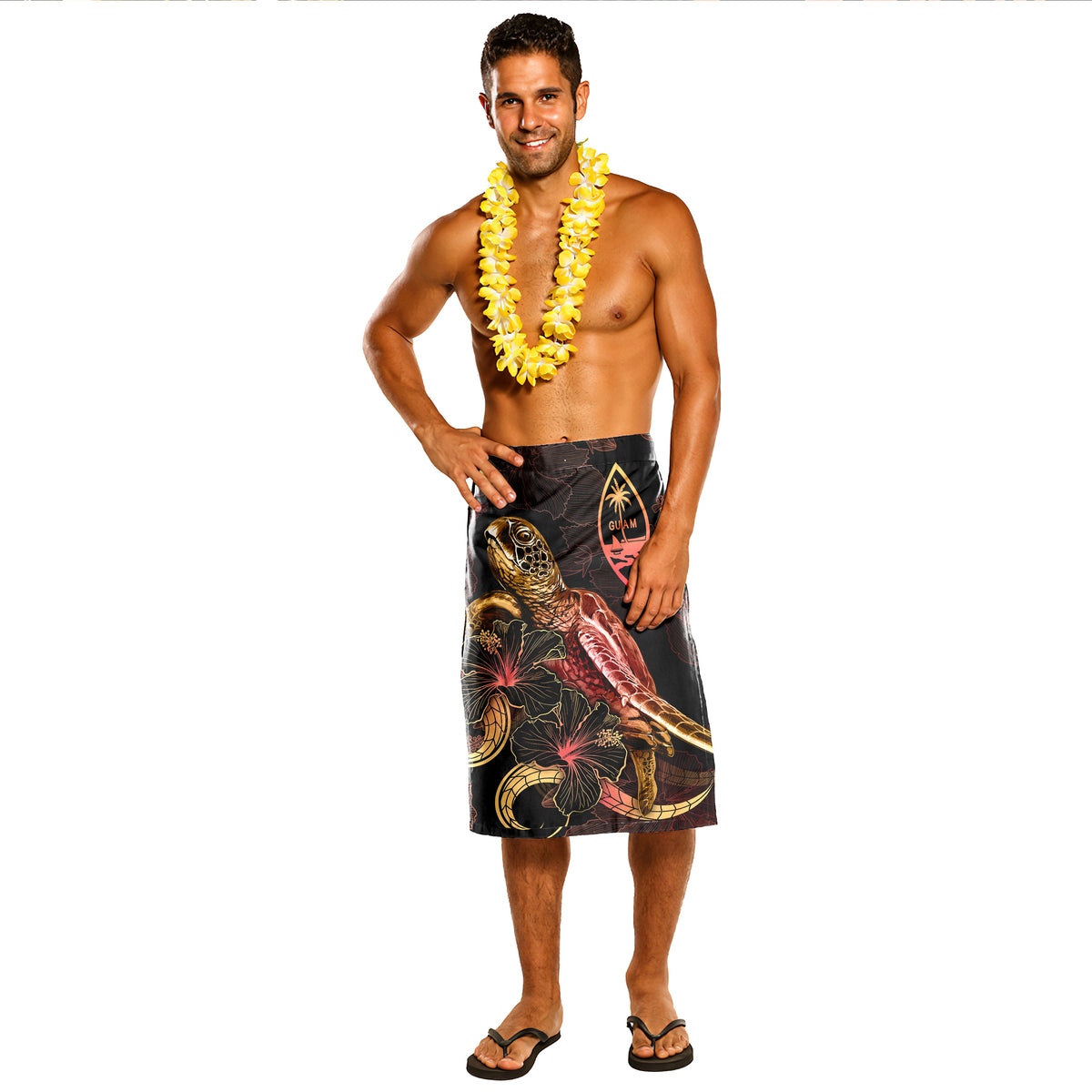 Guam Lavalava - Custom Guam Coat Of Arms With Turtle Blooming Hibiscus Gold Gold - Polynesian Pride