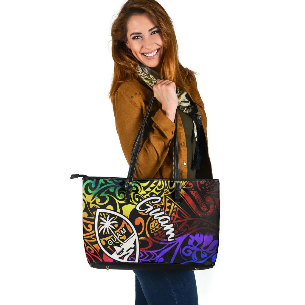 Guam Large Leather Tote Bag - Rainbow Polynesian Pattern Rainbow - Polynesian Pride