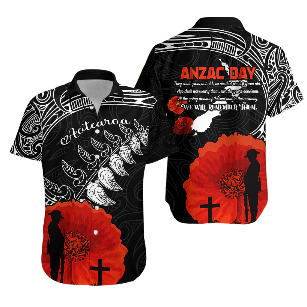 New Zealand Anzac 2022 Hawaiian Shirt Maori Mix Fern Poppy LT13 Unisex Black - Polynesian Pride