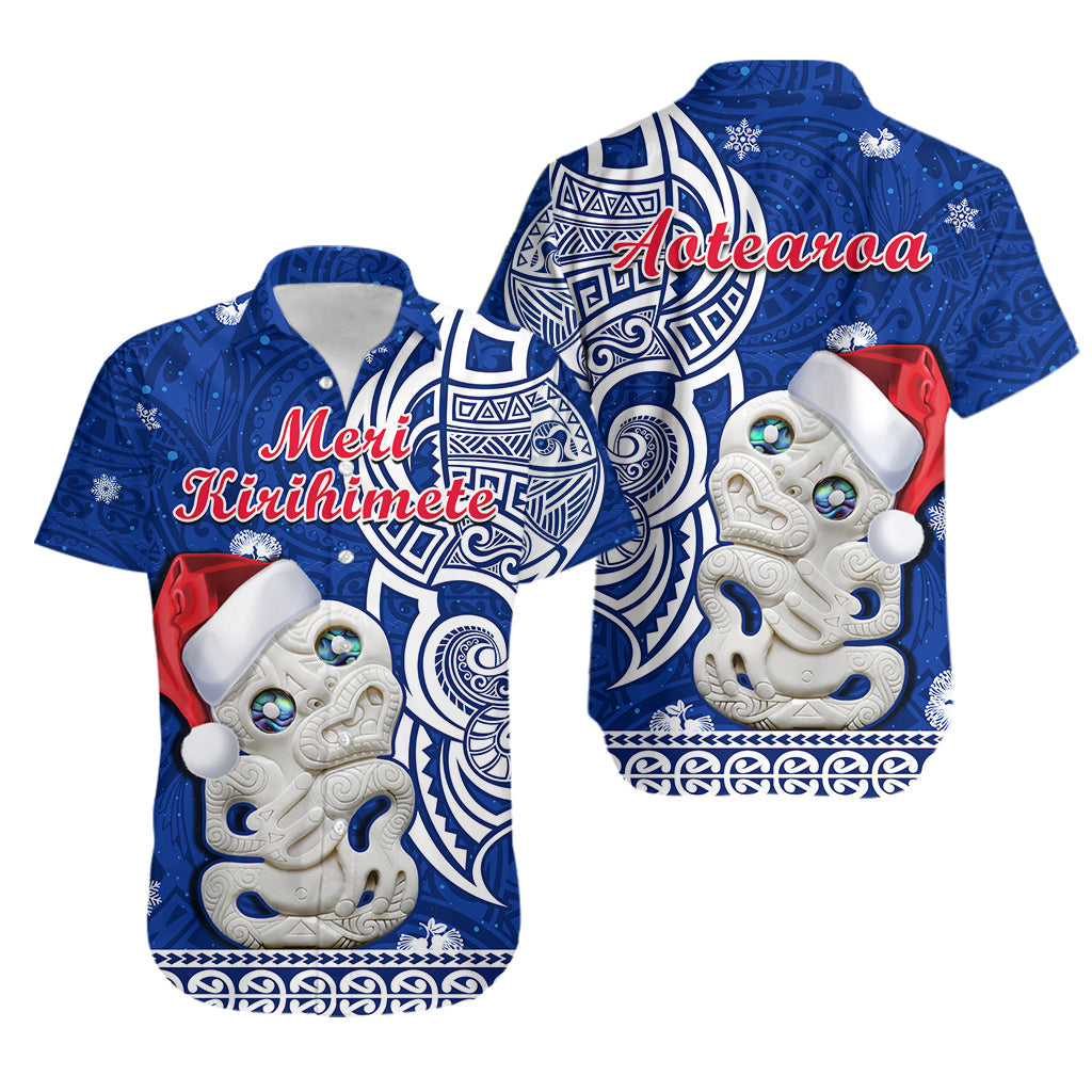 New Zealand Christmas Hawaiian Shirt Hei Tiki Blue Pohutukawa Meri Kirihimete LT14 Unisex Blue - Polynesian Pride