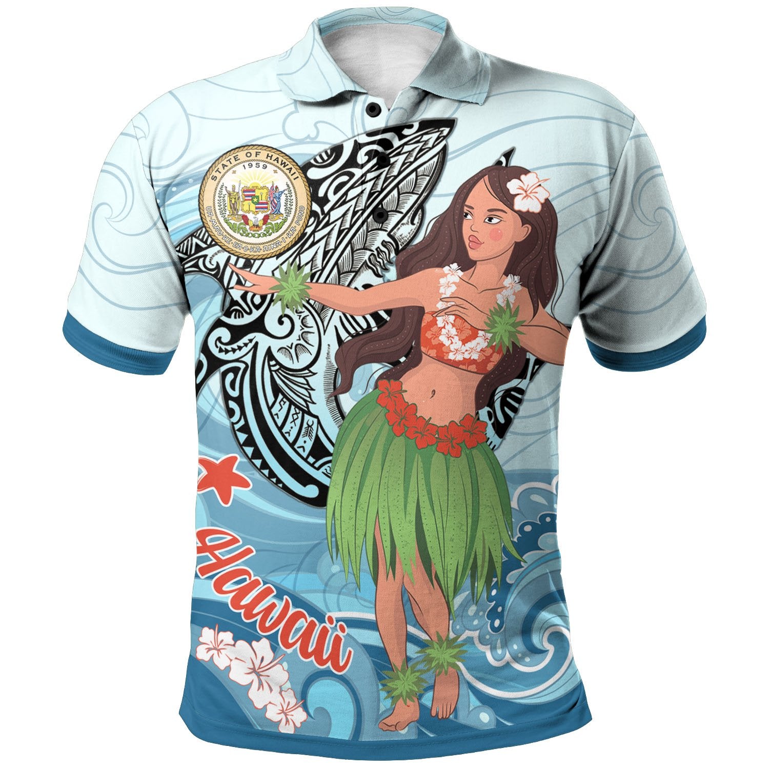 Hawaii Polo Shirt Polynesian Girls With Shark Unisex Blue - Polynesian Pride