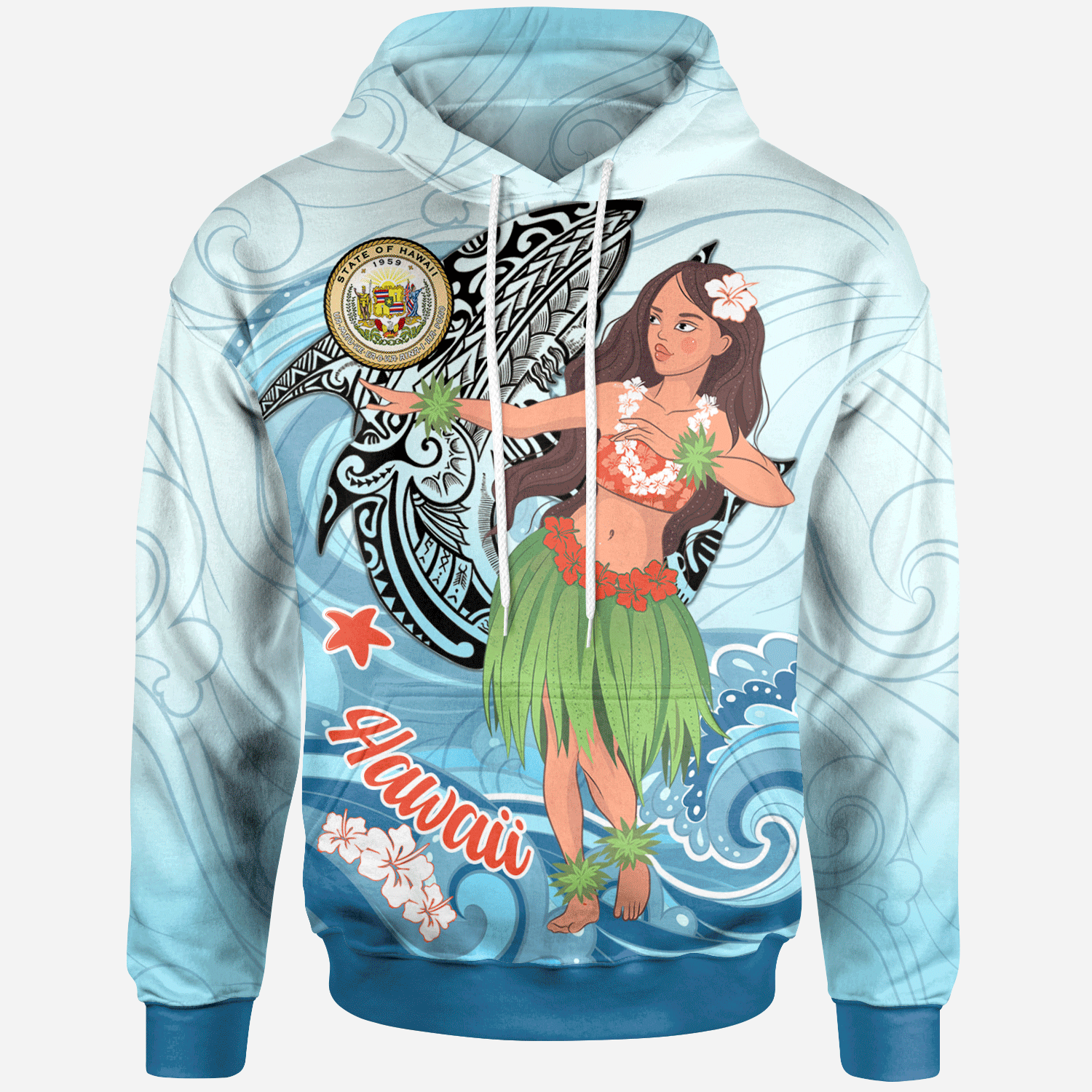 Hawaii Hoodie Polynesian Girls With Shark Unisex Blue - Polynesian Pride