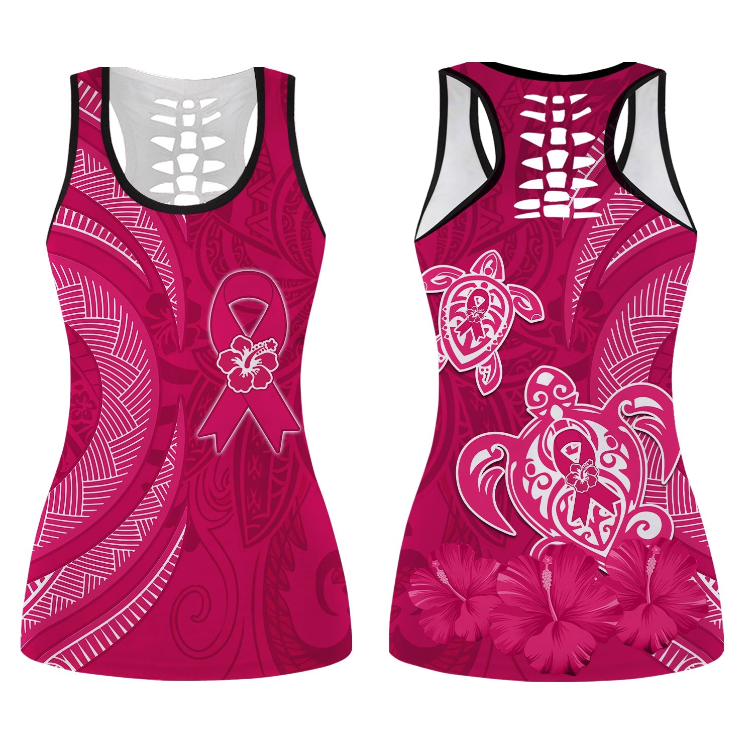 Breast Cancer Awareness Hollow Tank Top Hibiscus Polynesian No One Fights Alone LT13 Female Pink - Polynesian Pride