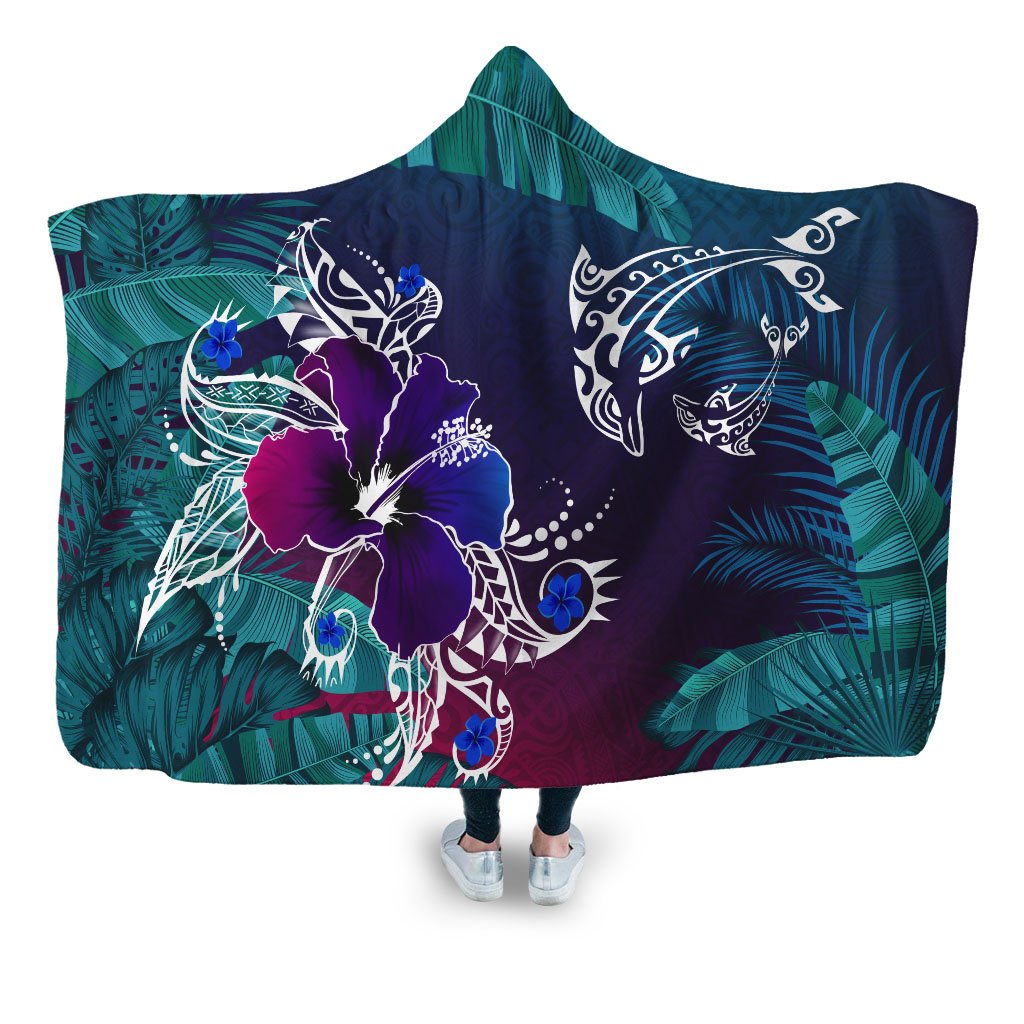 Hawaii Dophin Flowers And Palms Retro Hooded Blanket - AH Hooded Blanket - Polynesian Pride