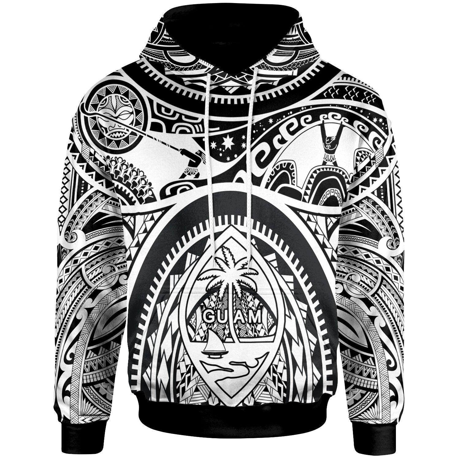 Polynesian Hoodie Guam Flag, Seal with Maui Moana Tattoo Unisex White - Polynesian Pride