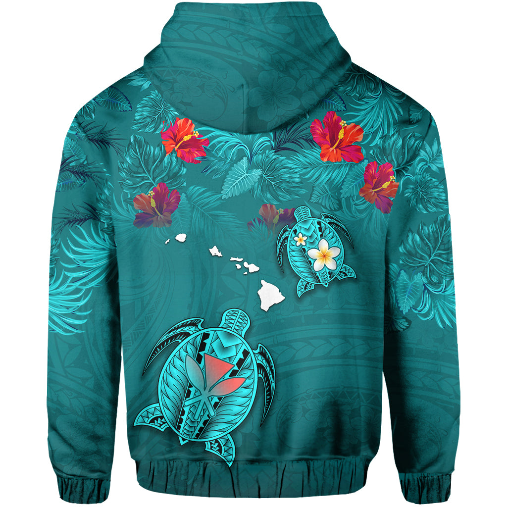 Custom Hawaiian Islands Zip Hoodie Hawaii Tropical Flowers and Turtles Turquoise LT13 - Polynesian Pride