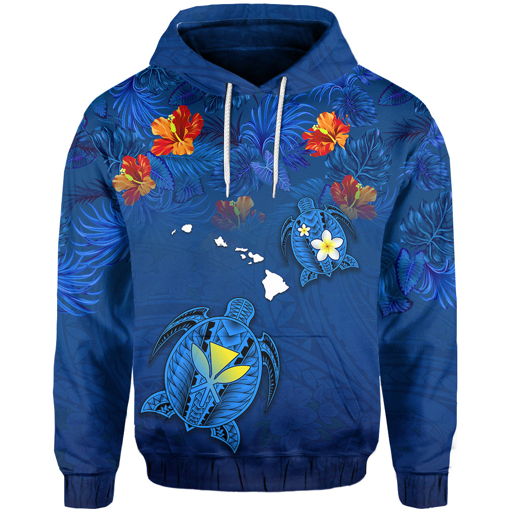 Hawaiian Islands Hoodie Hawaii Tropical Flowers and Turtles Blue LT13 Unisex Blue - Polynesian Pride