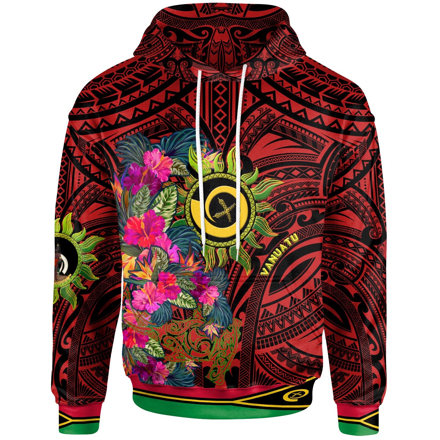 Polynesian Hoodie Vanuatu Symbols With Hibiscus Ver02 Unisex Red - Polynesian Pride