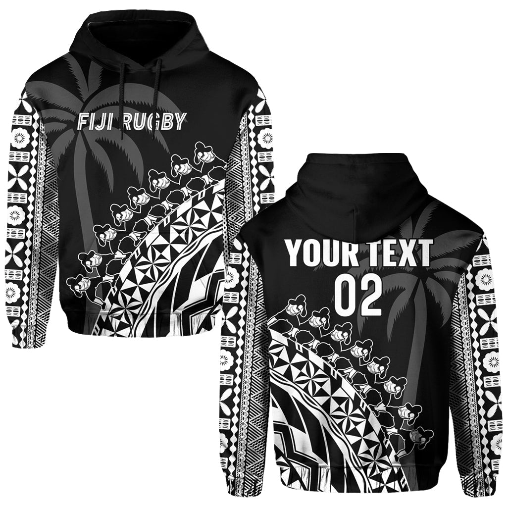 (Custom Text and Number) Fiji Rugby Hoodie Fijian Cibi Dance Tapa Pattern Black LT14 Hoodie Black - Polynesian Pride